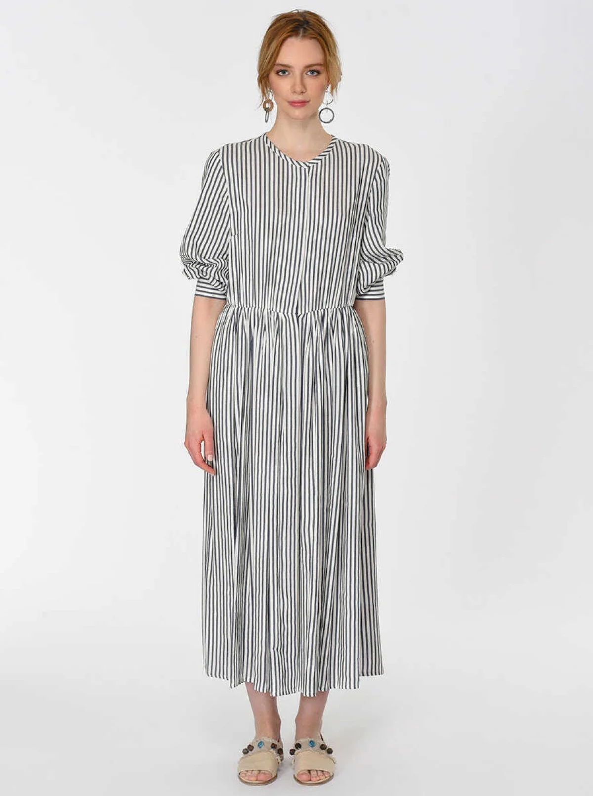 Siyah Çizgili Uzun Elbise Standart Renk - 1