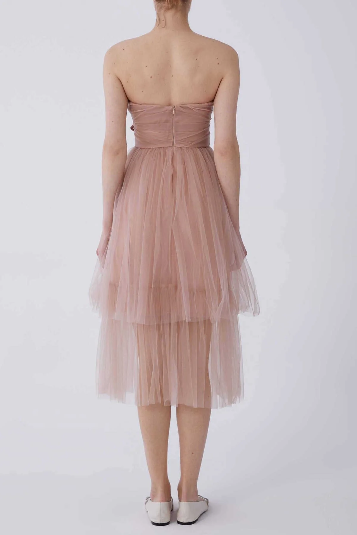 Straplez Çiçekli Tül Şifon Elbise Pudra - 2