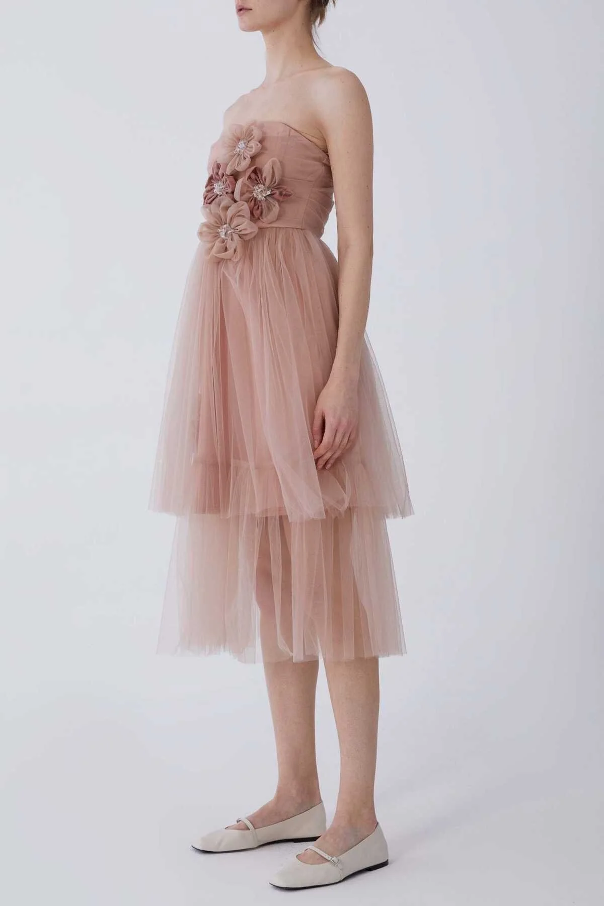 Straplez Çiçekli Tül Şifon Elbise Pudra - 3
