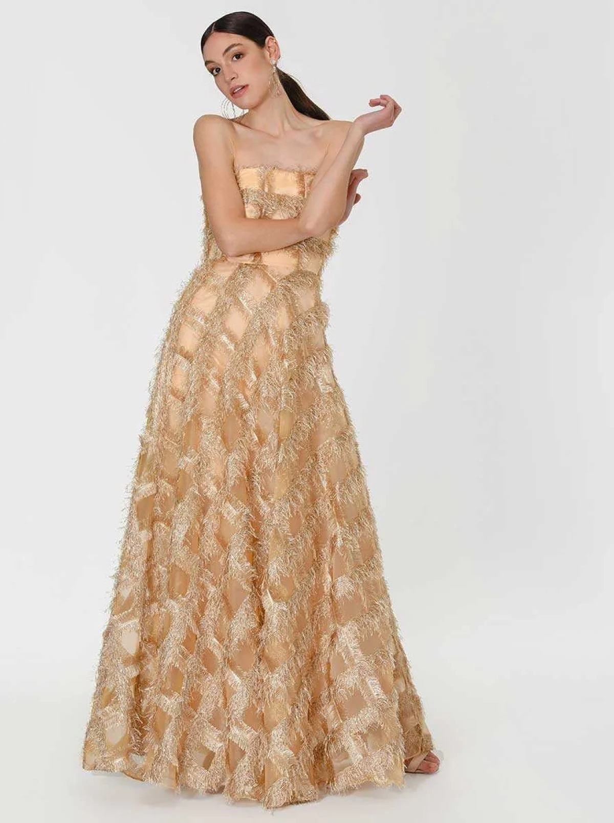 Straplez Gold Püsküllü Nişan Elbisesi Gold - 4