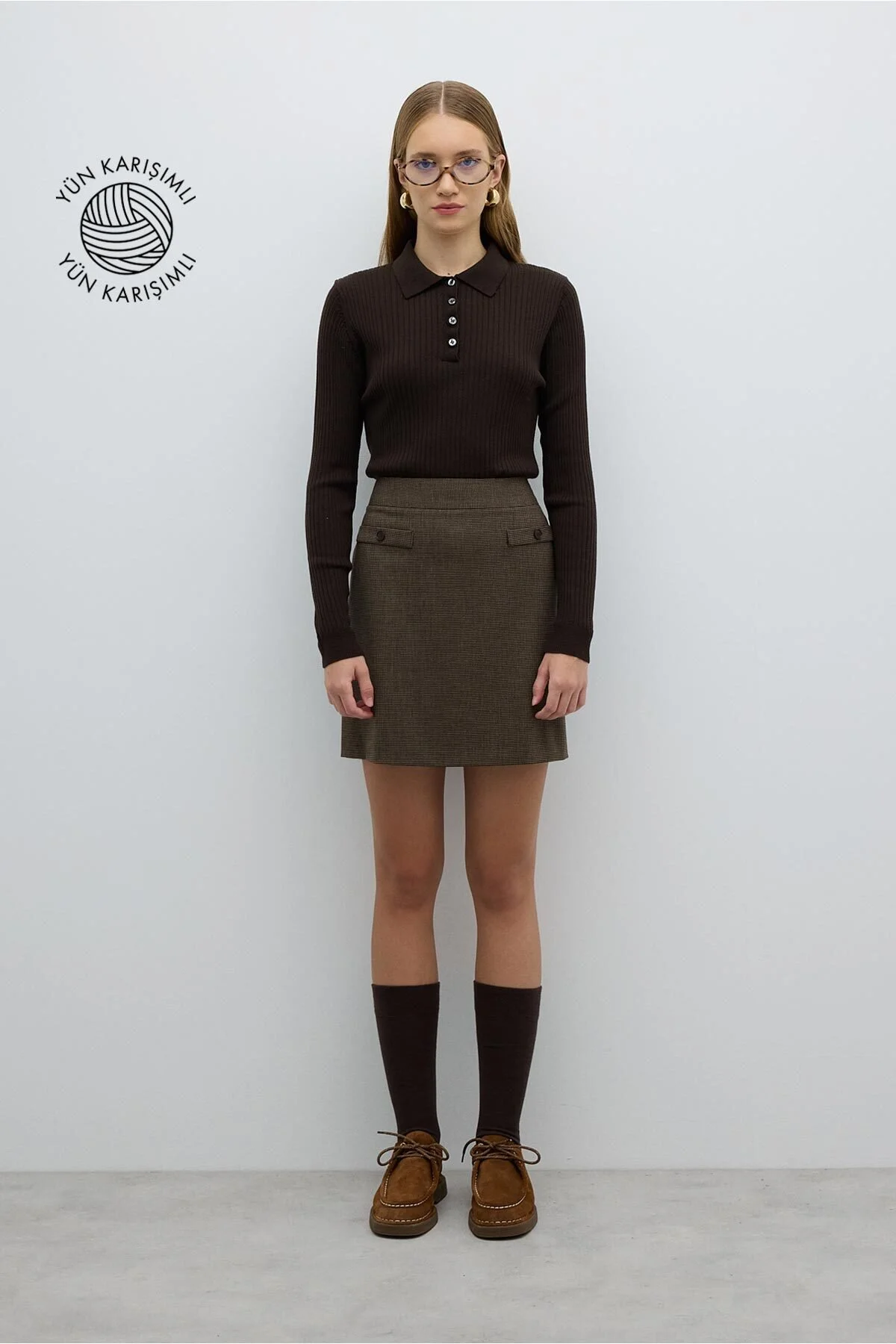 Süs Cep Kapaklı Mini Etek Kahve - 1