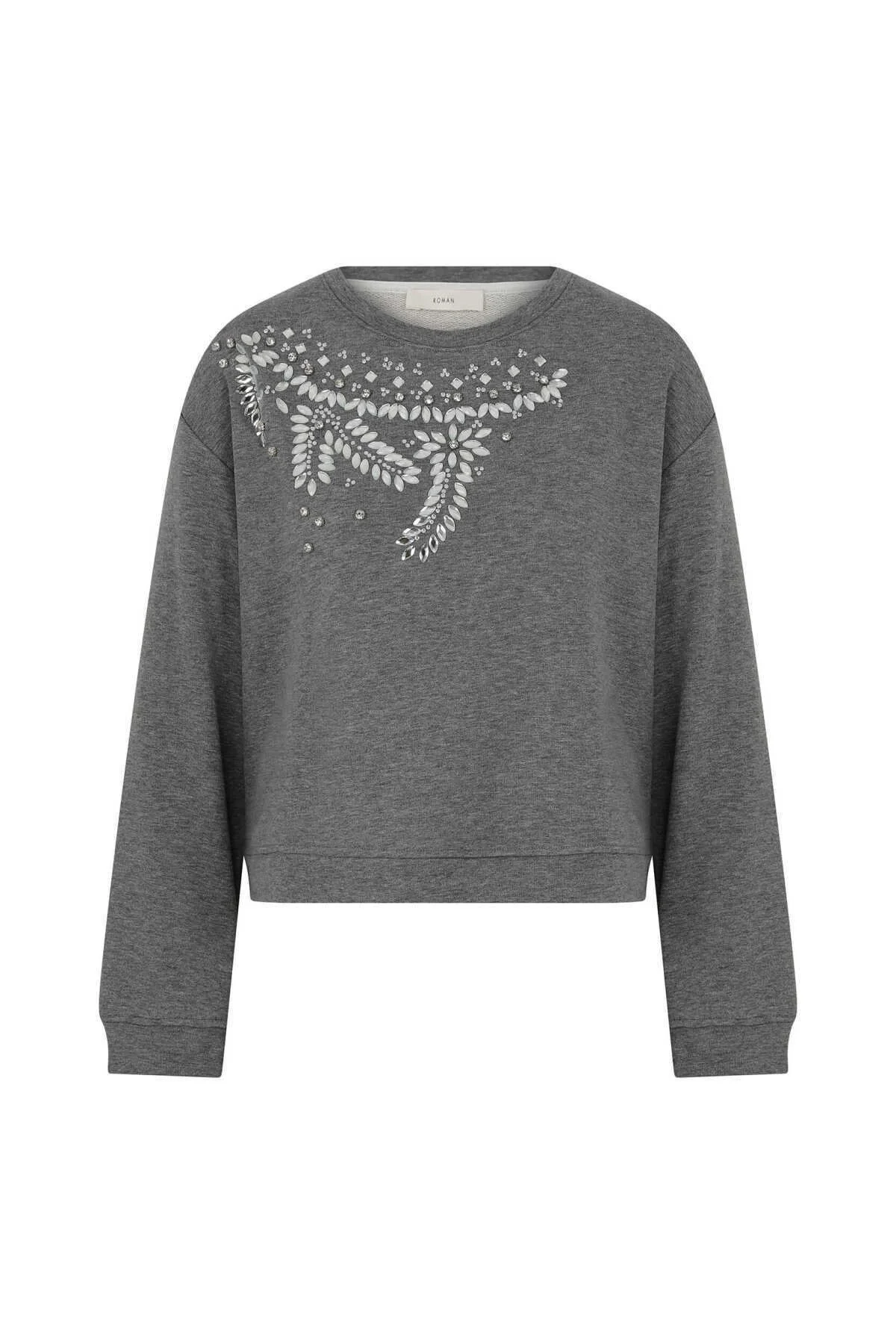  Taş Detaylı Kadın Sweatshirt Gri - 3