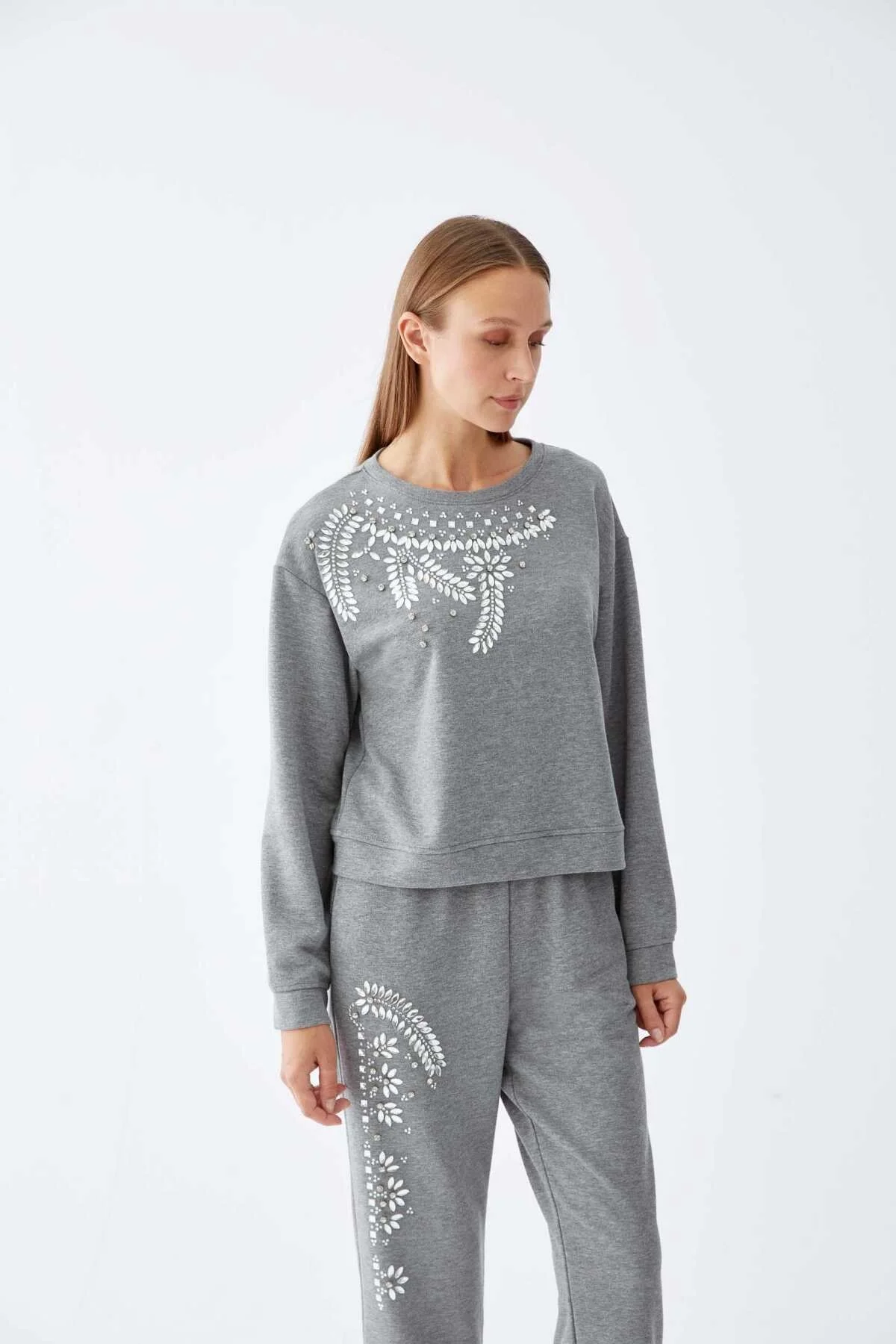  Taş Detaylı Kadın Sweatshirt Gri - 1