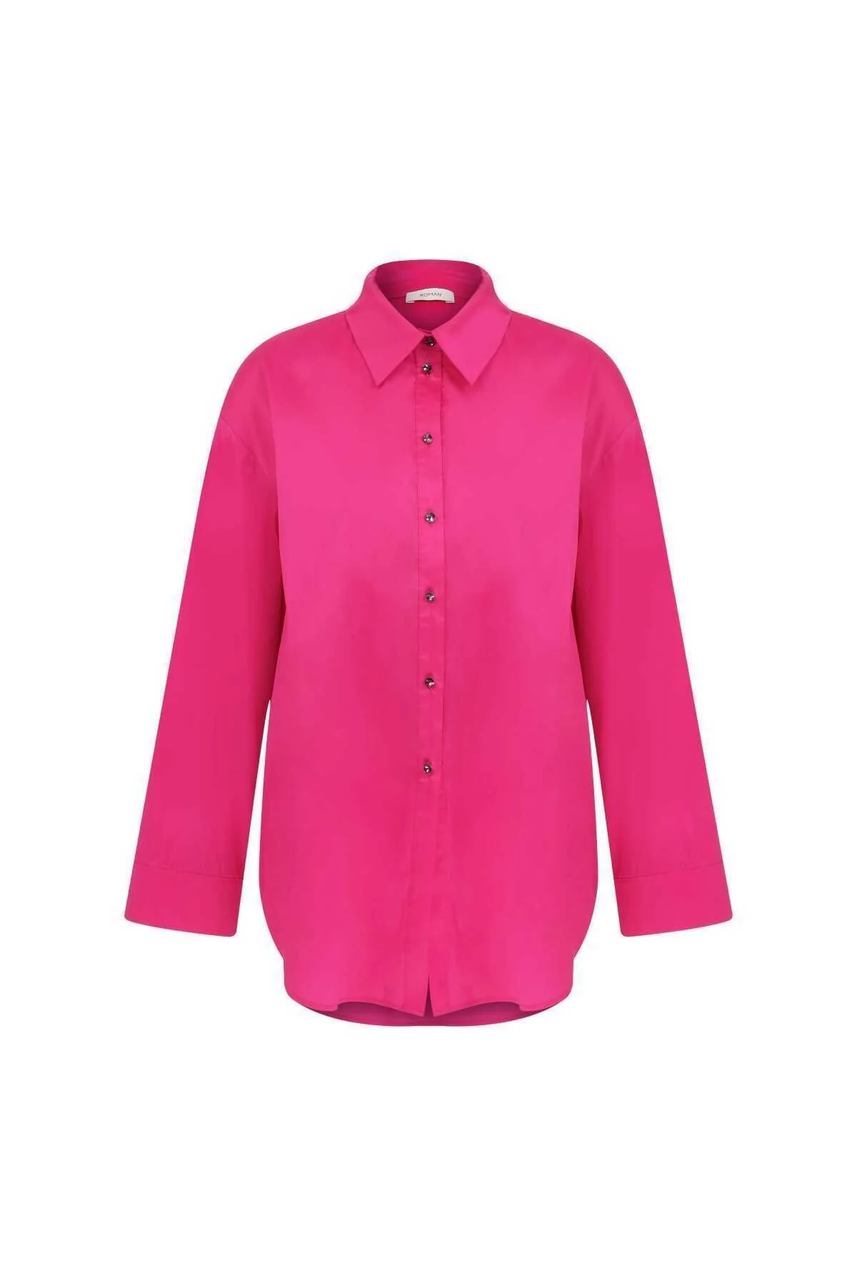  Taş Düğmeli Tafta Kadın Gömlek Fuşya - 4