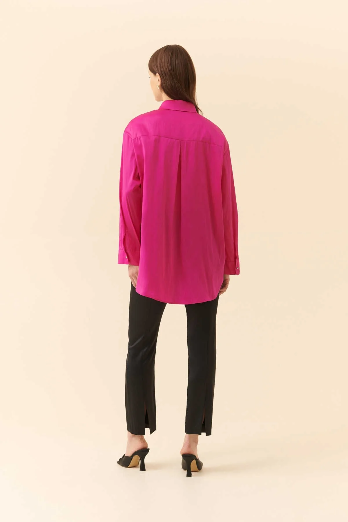  Taş Düğmeli Tafta Kadın Gömlek Fuşya - 2