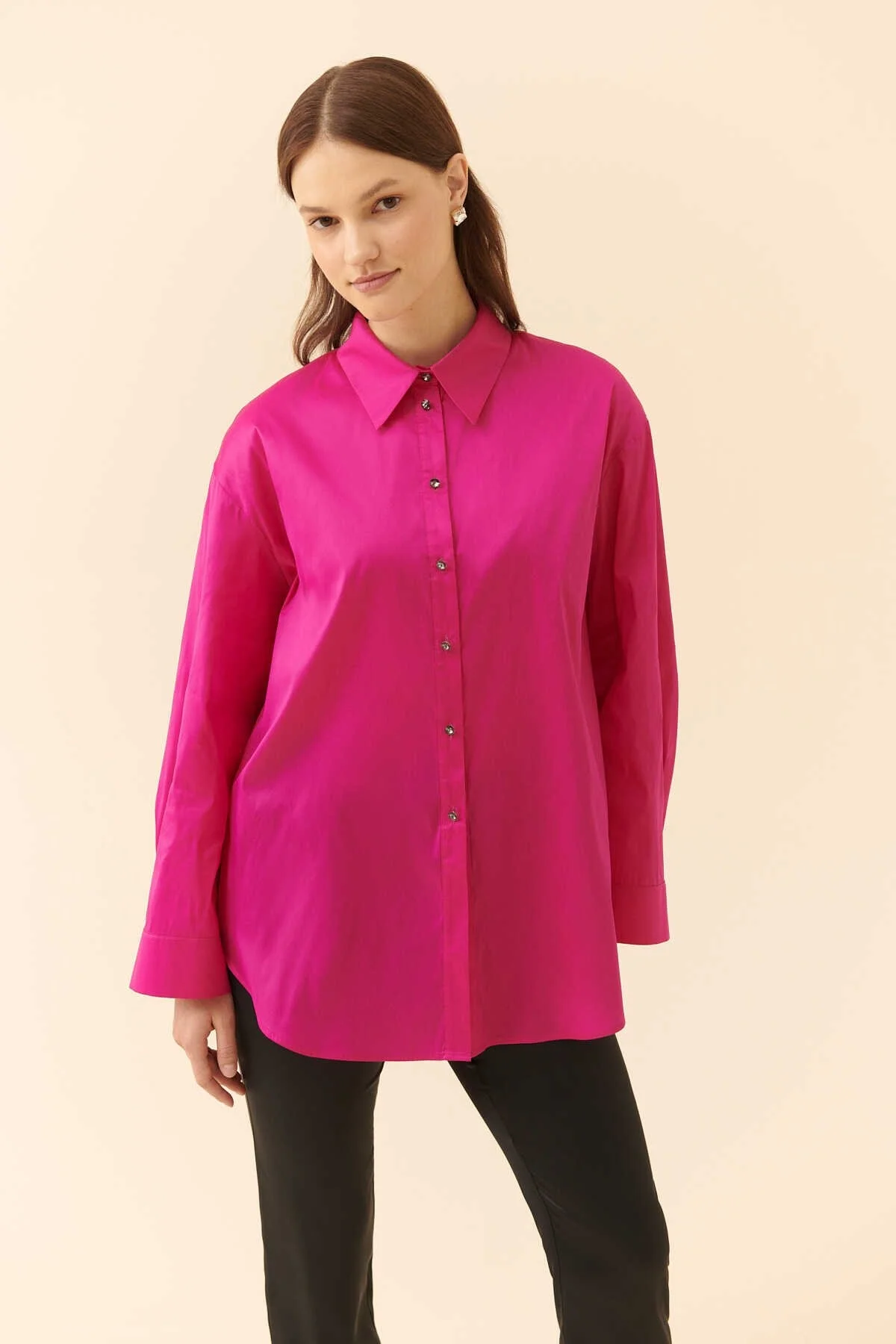  Taş Düğmeli Tafta Kadın Gömlek Fuşya - 1