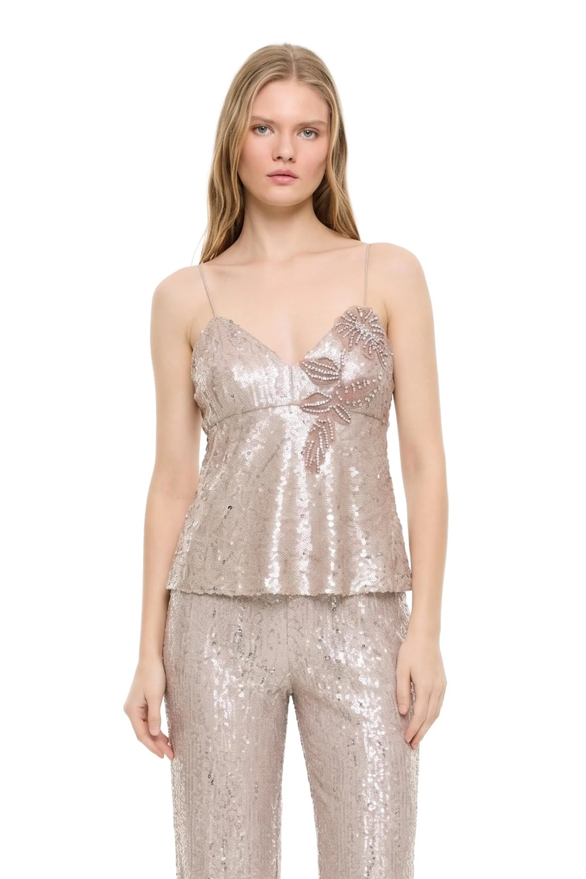 Taş İşlemeli Asimetrik Bluz Bej - 3