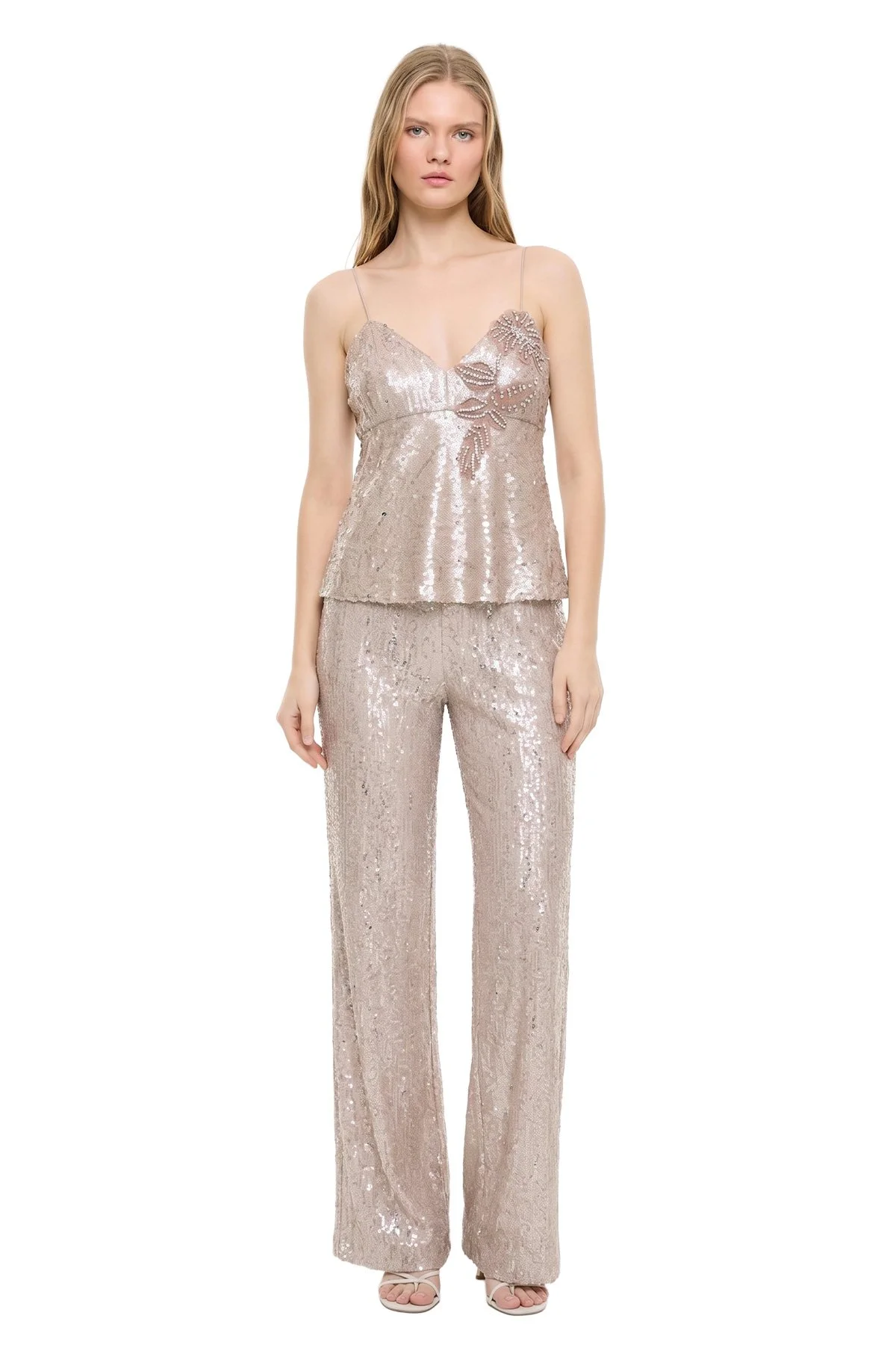 Taş İşlemeli Asimetrik Bluz Bej - 1