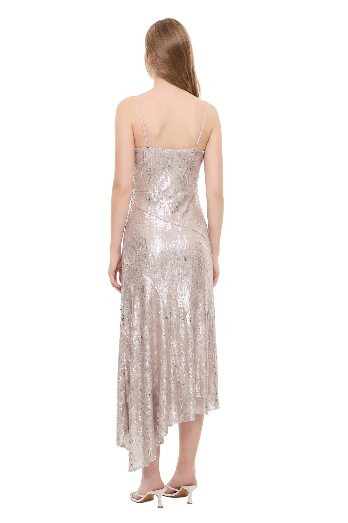 Taş İşlemeli Çiçek Motifli Asimetrik Elbise Bej - 2