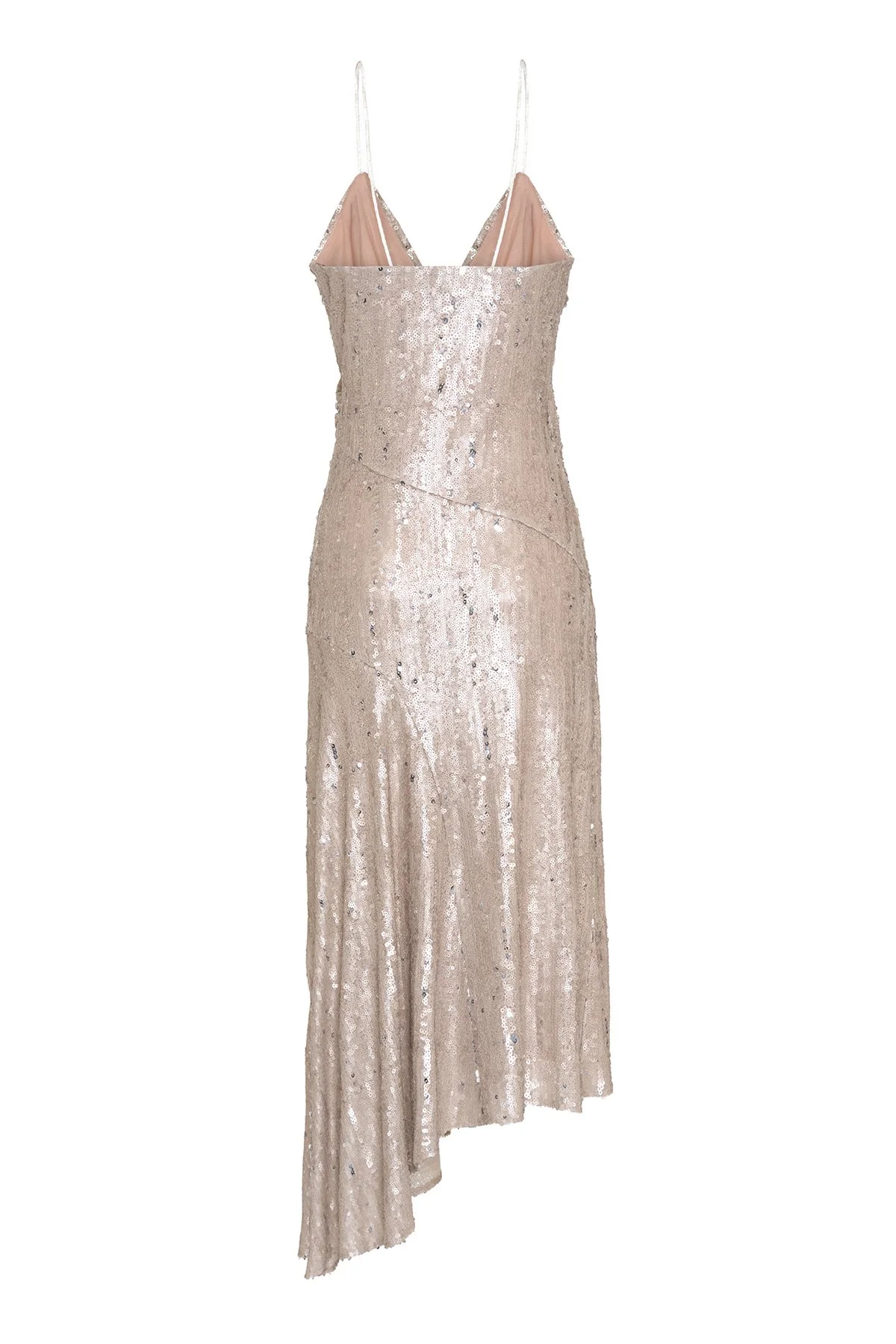 Taş İşlemeli Çiçek Motifli Asimetrik Elbise Bej - 6