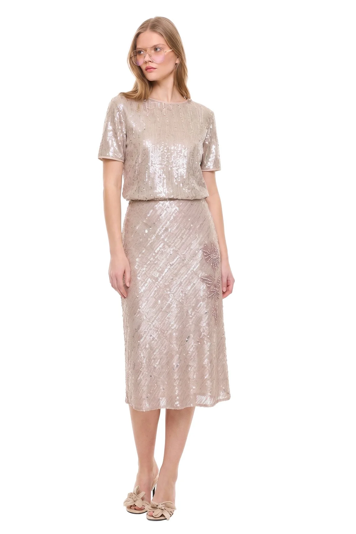 Taş İşlemeli Çiçek Motifli Midi Etek Bej - 1