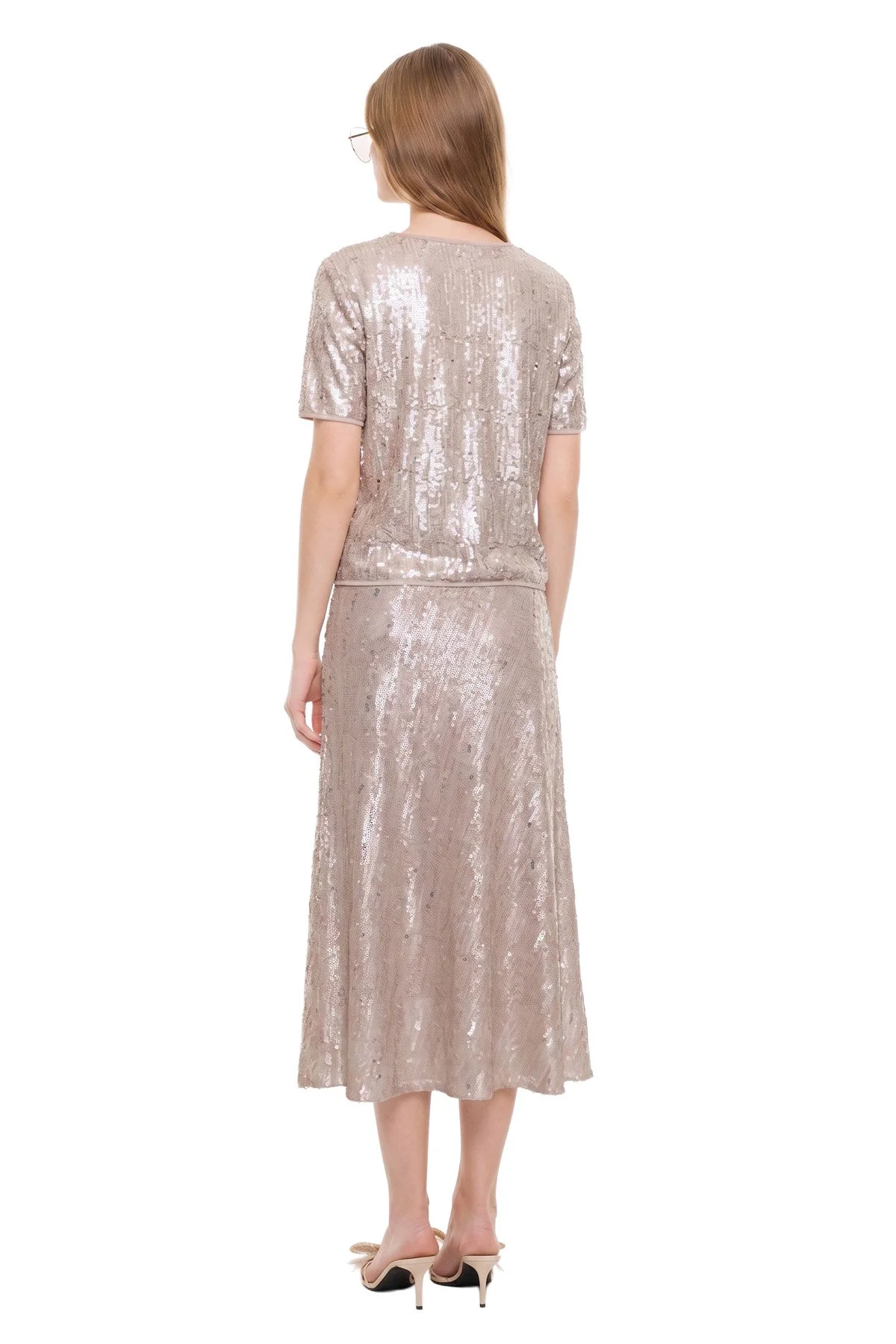 Taş İşlemeli Çiçek Motifli Midi Etek Bej - 2