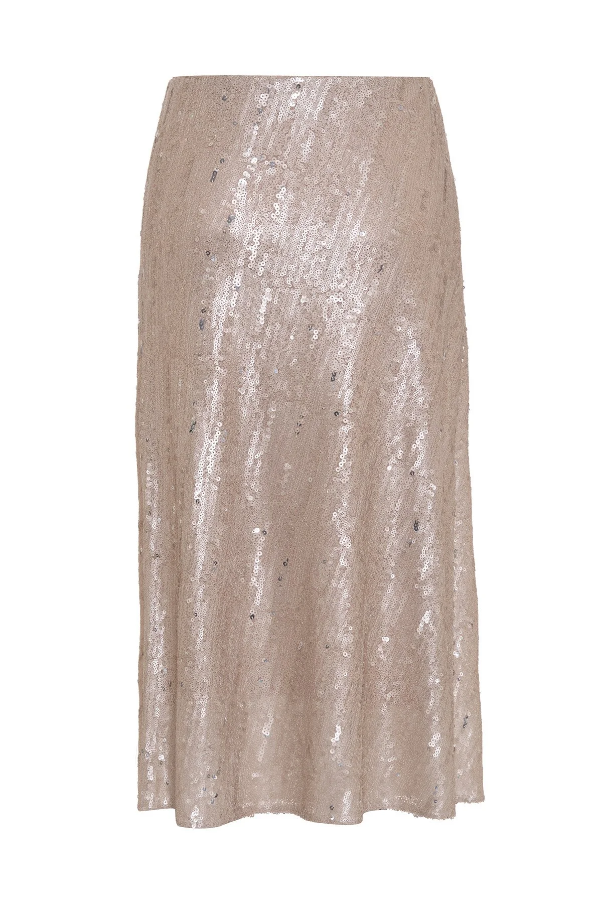 Taş İşlemeli Çiçek Motifli Midi Etek Bej - 3