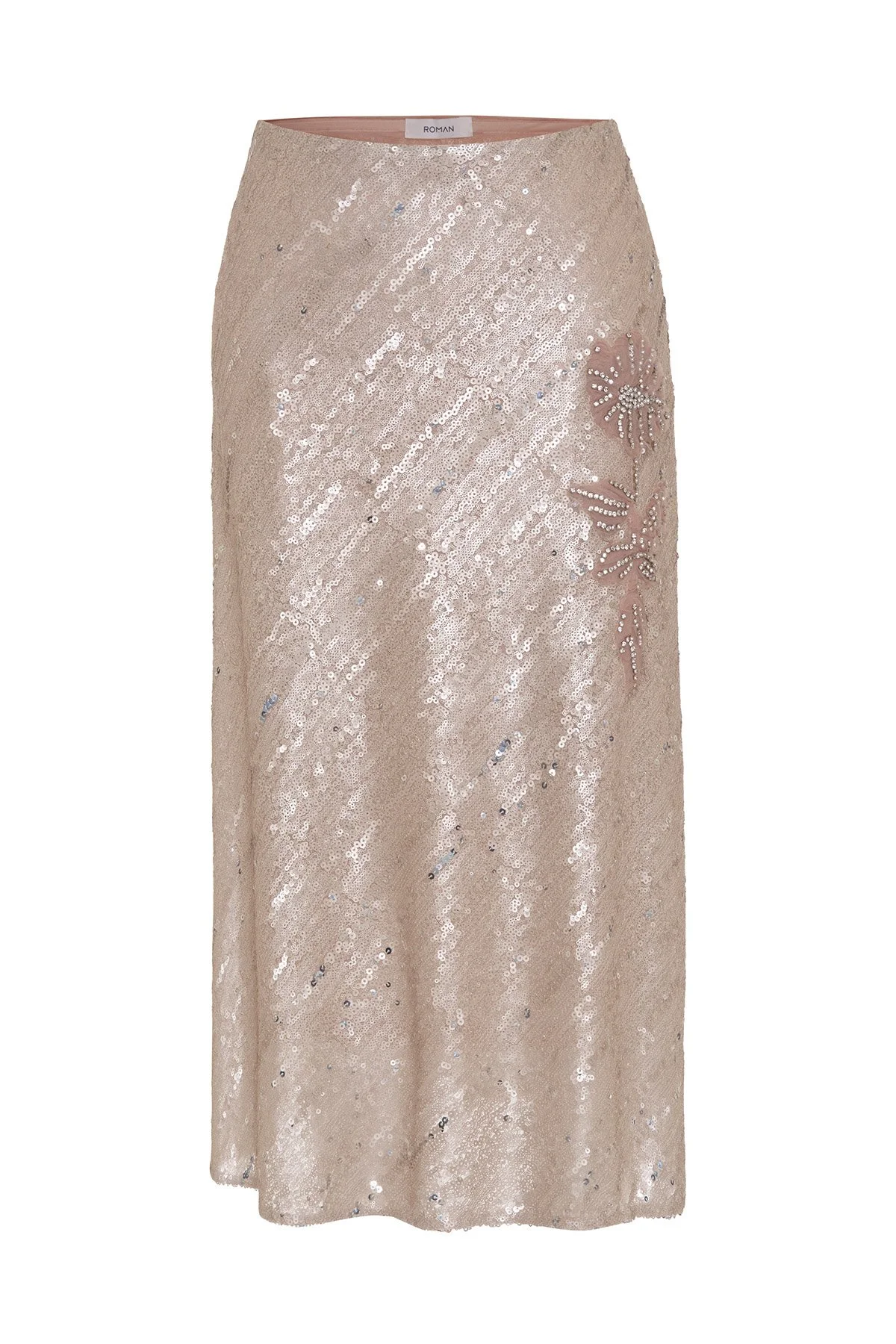 Taş İşlemeli Çiçek Motifli Midi Etek Bej - 4