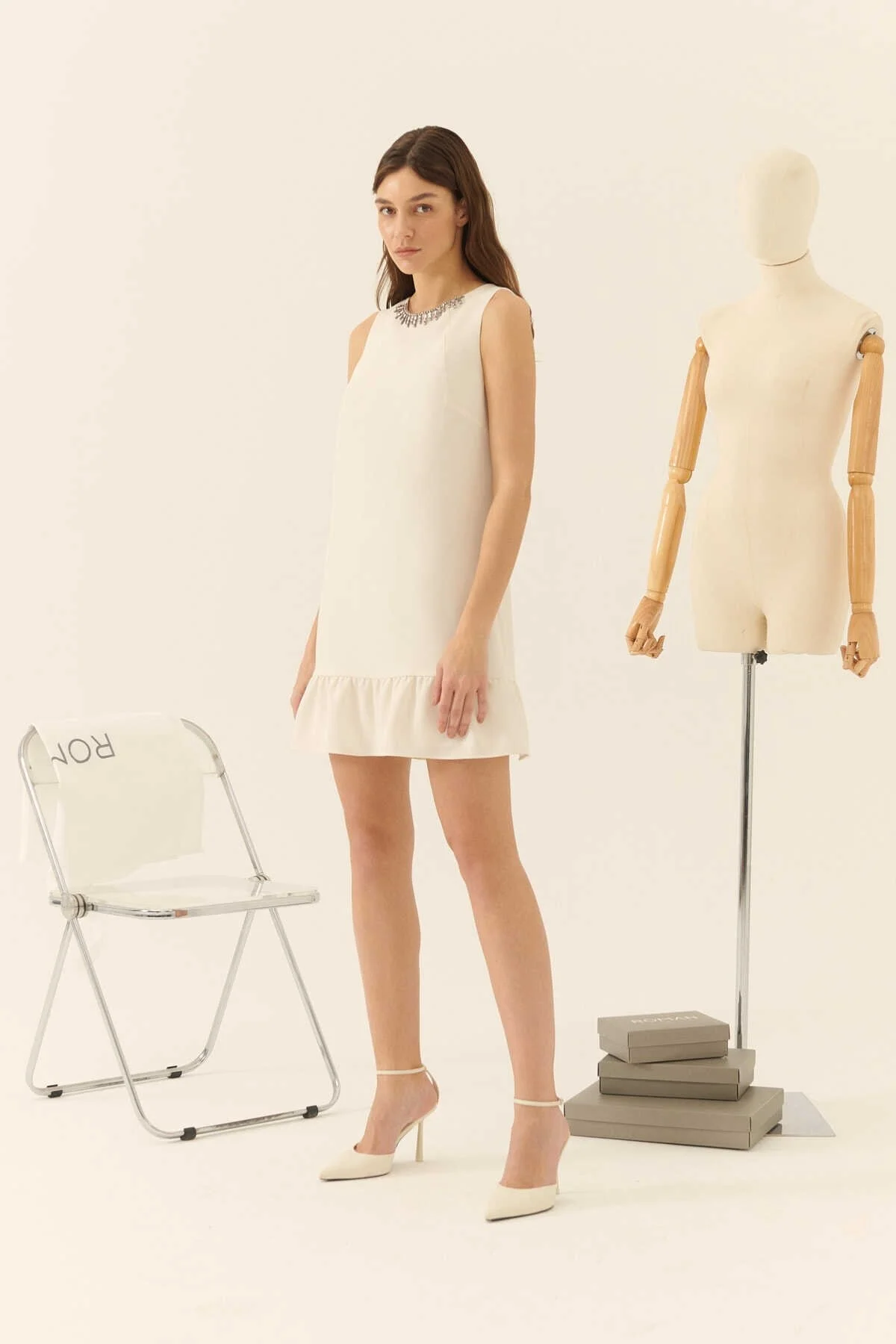  Taş İşlemeli Mini Elbise Ekru - 3