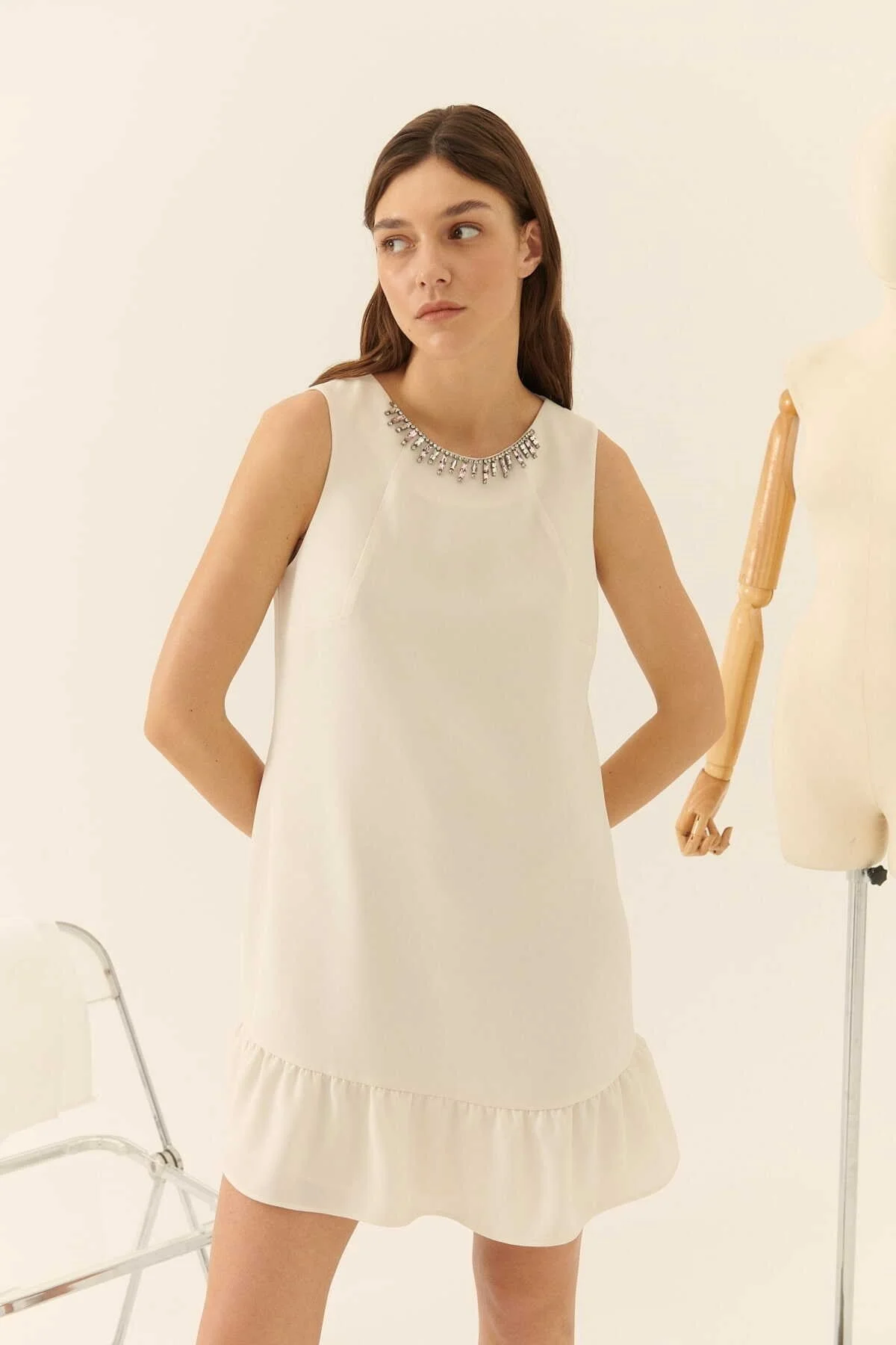  Taş İşlemeli Mini Elbise Ekru - 1