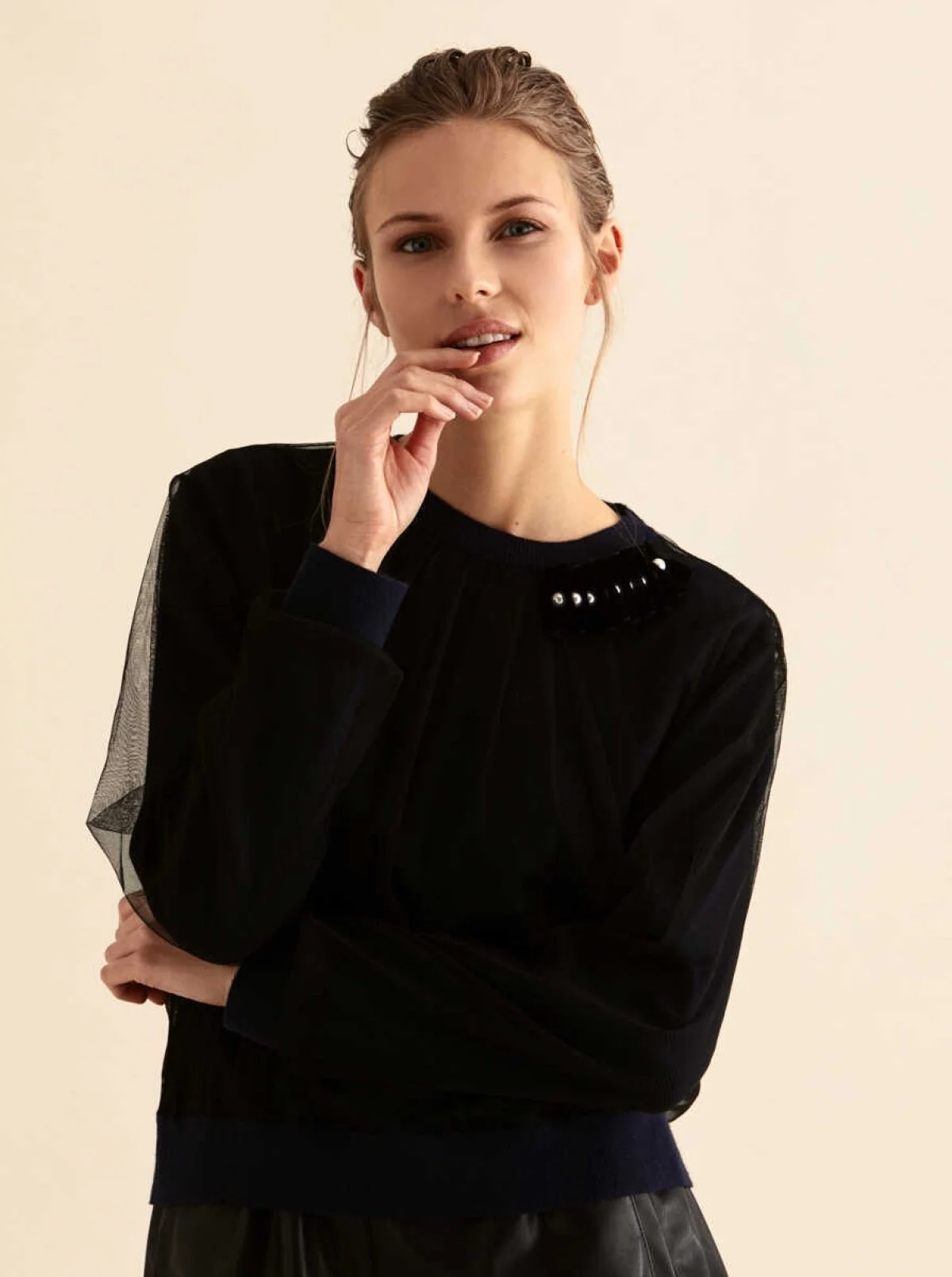  Taş Ve Tül Detaylı Triko Lacivert - 3