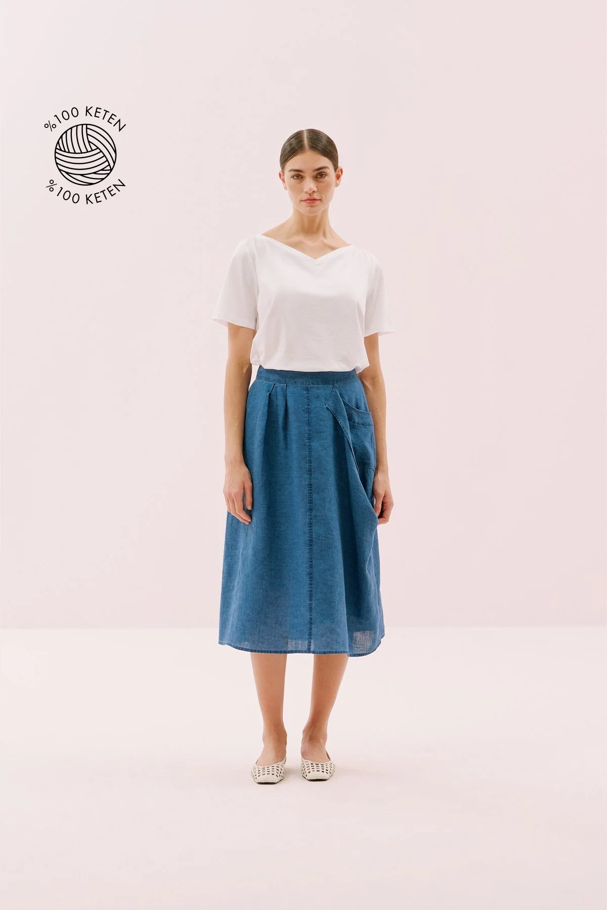 Tek Cep Detaylı Beli Lastikli Keten Midi Boy Etek İndigo - 1
