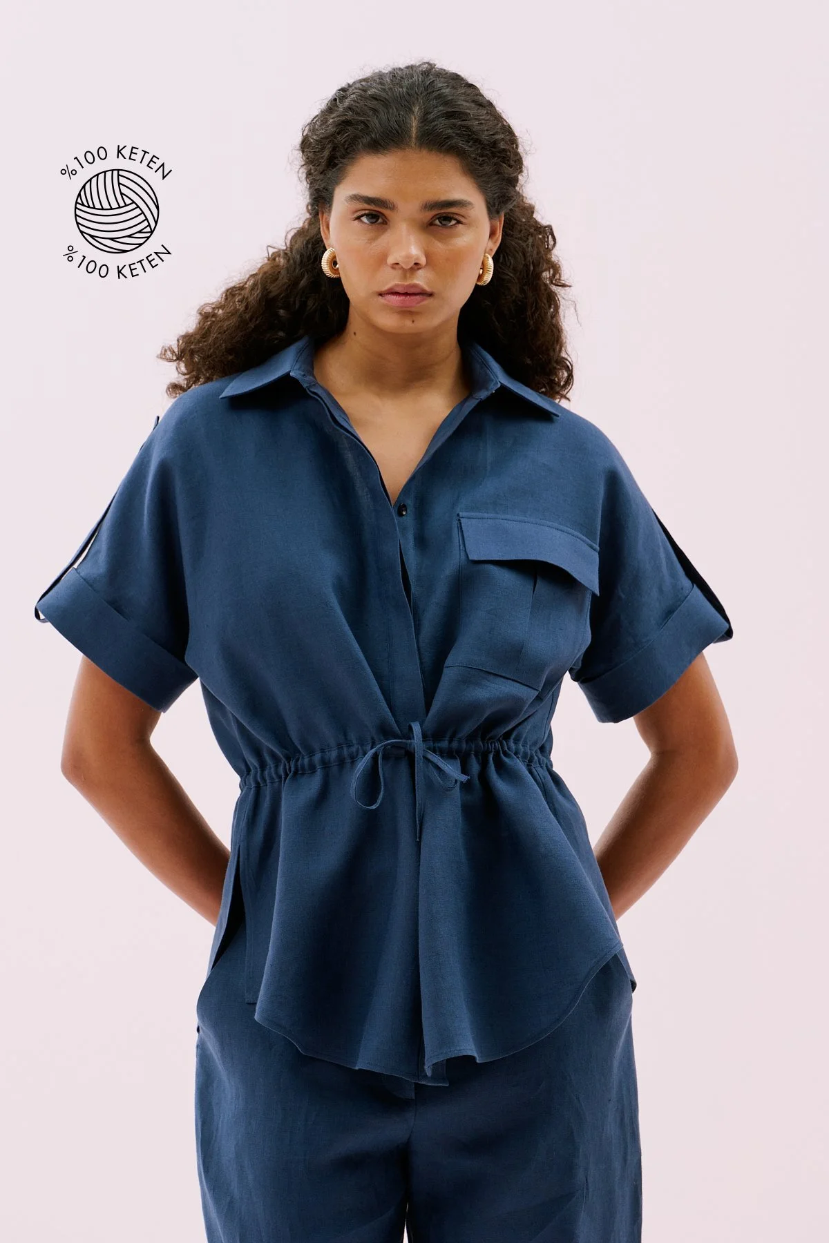 Tek Cepli Beli Bağlanabilen Kısa Kol Keten Gömlek Lacivert - 1