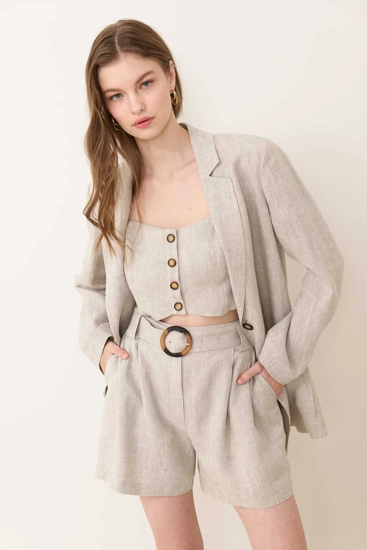 Tek Düğmeli Çift Cepli Keten Ceket Naturel - 3