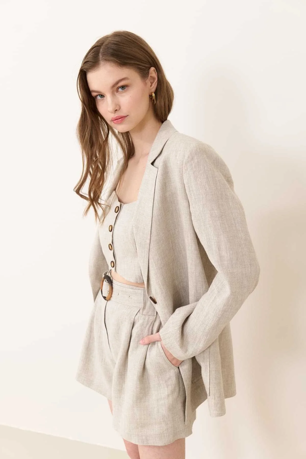 Tek Düğmeli Çift Cepli Keten Ceket Naturel - 4