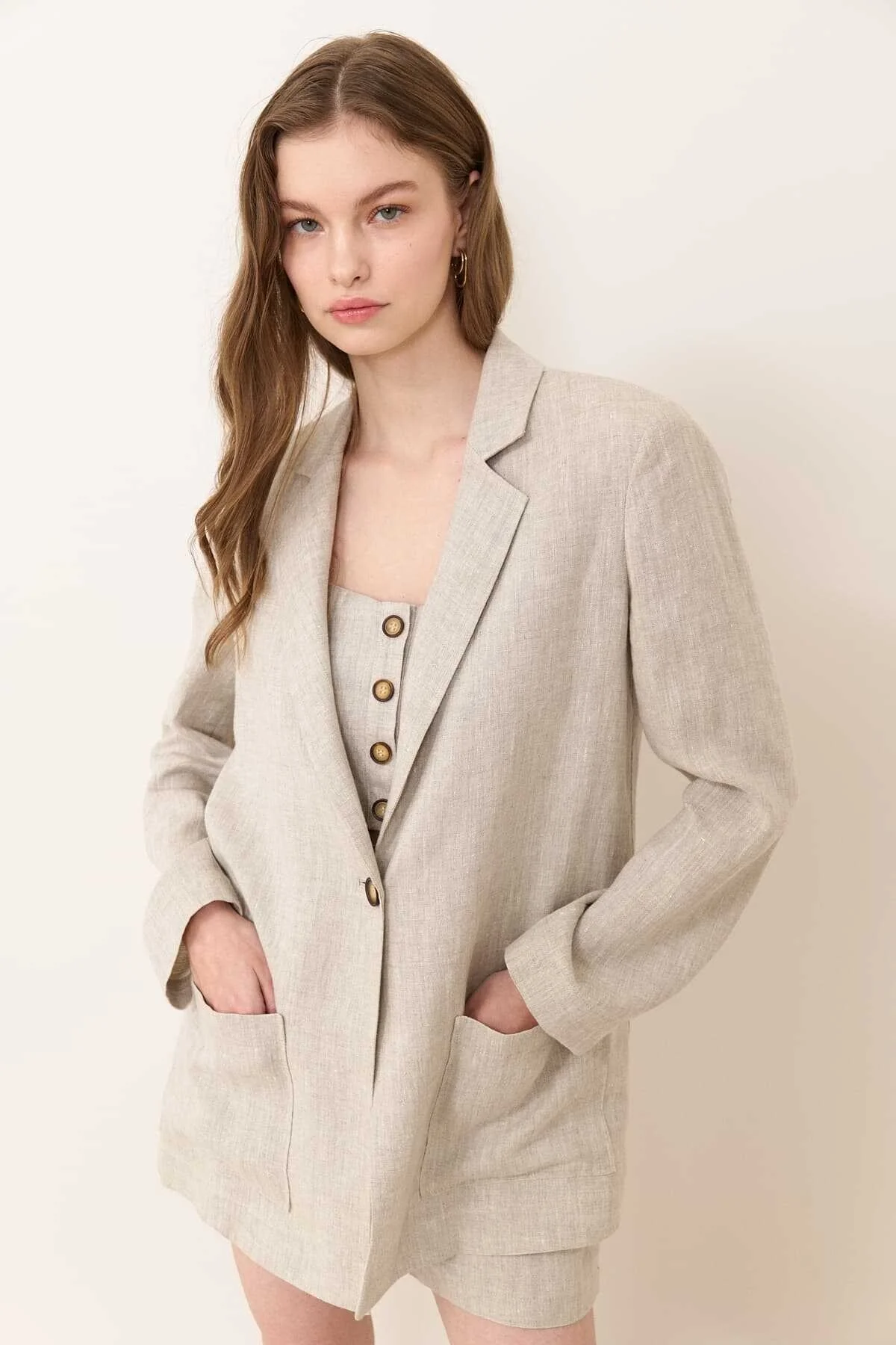 Tek Düğmeli Çift Cepli Keten Ceket Naturel - 1