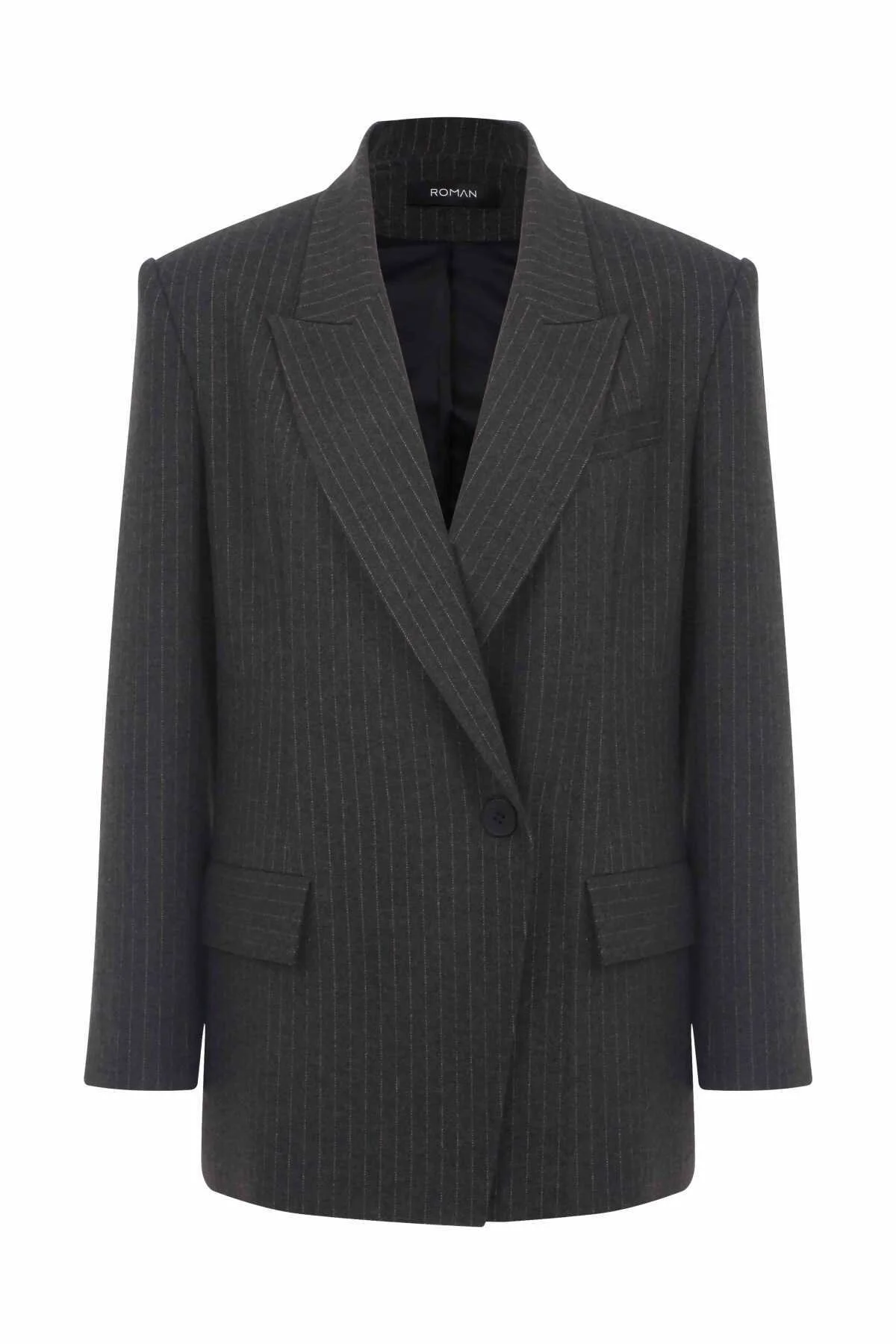  Tek Düğmeli Çizgili Kadın Ceket Standart Renk - 4