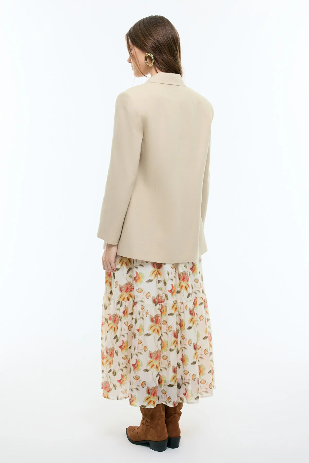 %100 Keten Tek Düğmeli Blazer Ceket Bej - 2