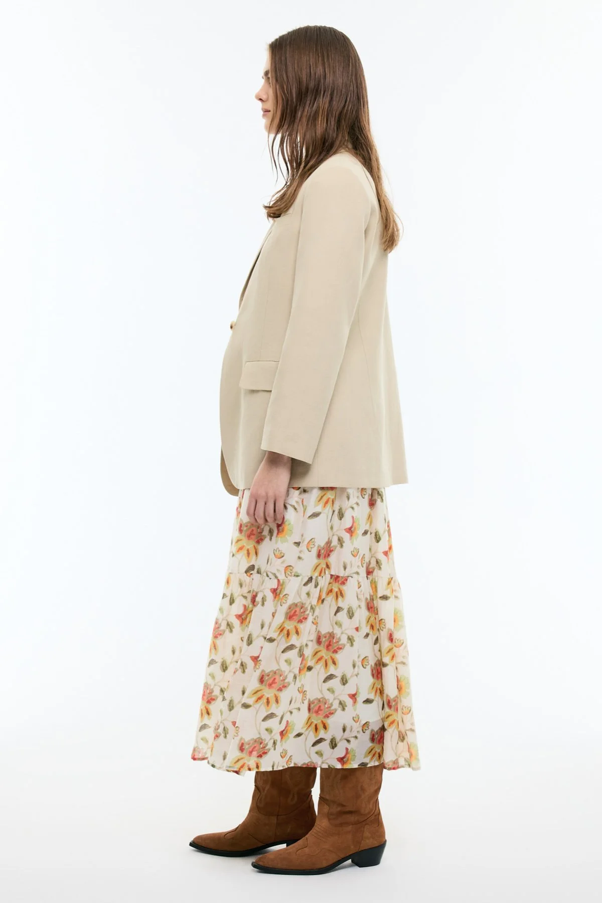 %100 Keten Tek Düğmeli Blazer Ceket Bej - 3