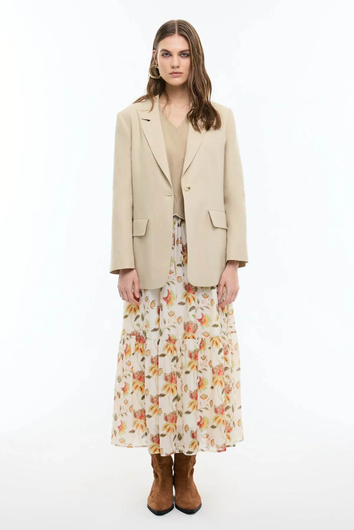 %100 Keten Tek Düğmeli Blazer Ceket Bej - 4