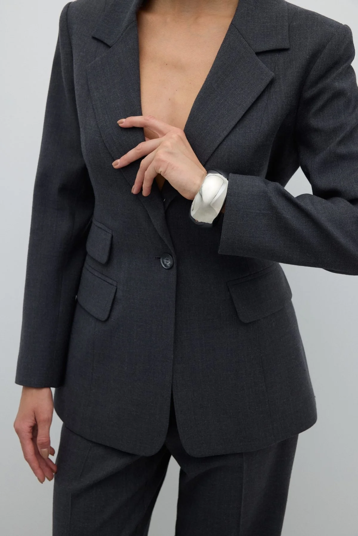 Tek Düğmeli Yün Blazer Ceket Koyu Gri - 3