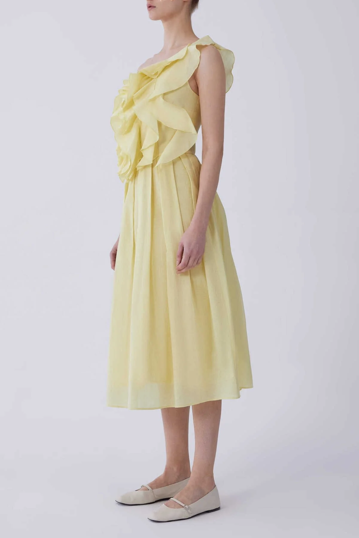 Tek Omuz Önü Fırfırlı Abiye Elbise Sarı - 3