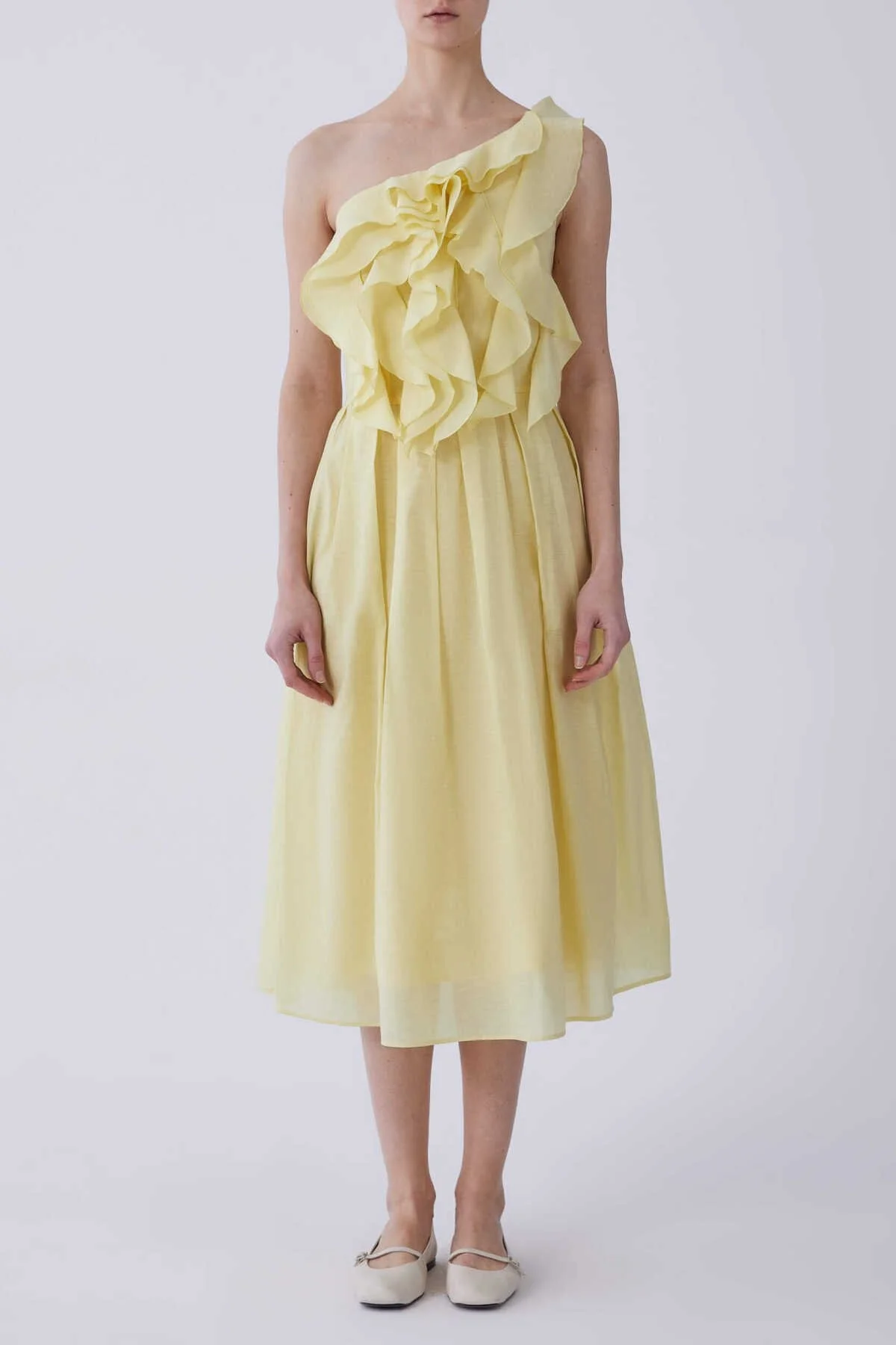 Tek Omuz Önü Fırfırlı Abiye Elbise Sarı - 1