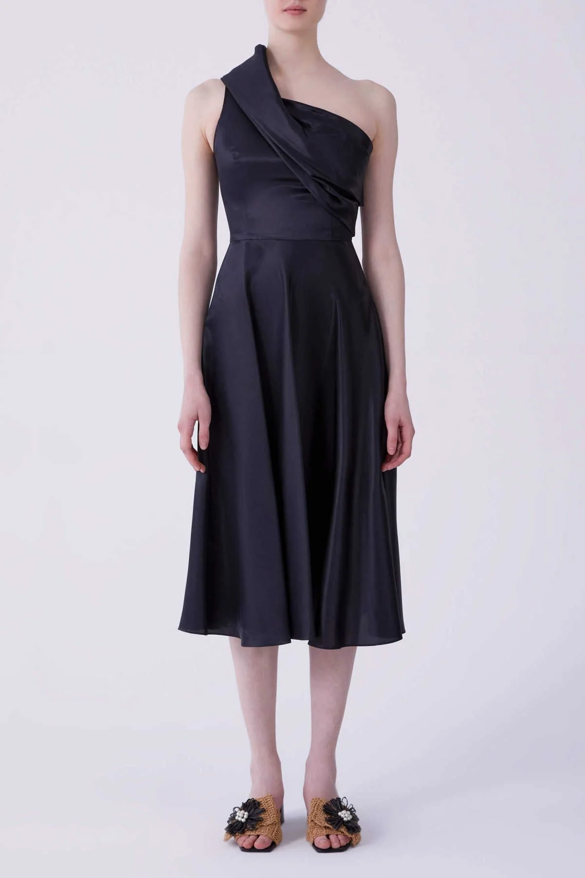 Tek Omuz Saten Abiye Elbise Siyah - 1