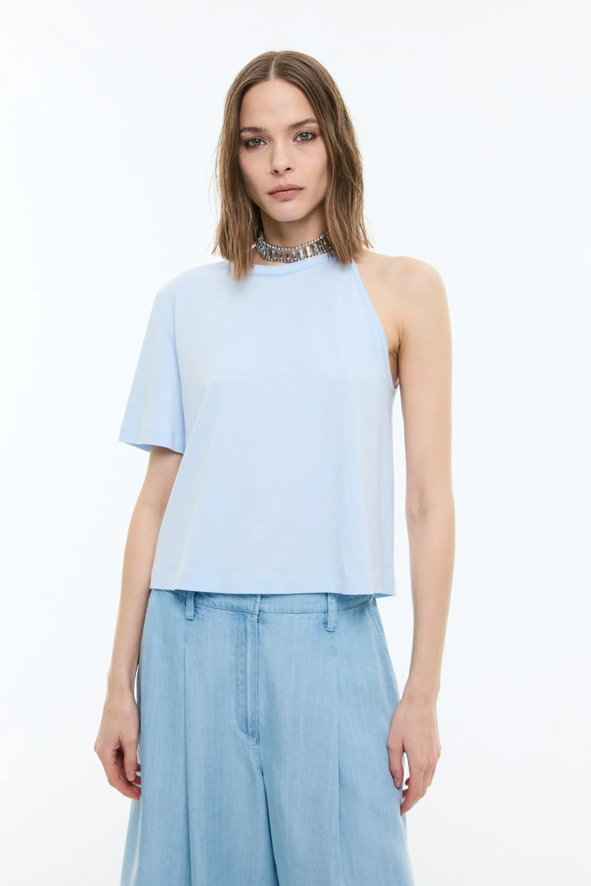 Tek Omuz T-shirt Mavi - 1