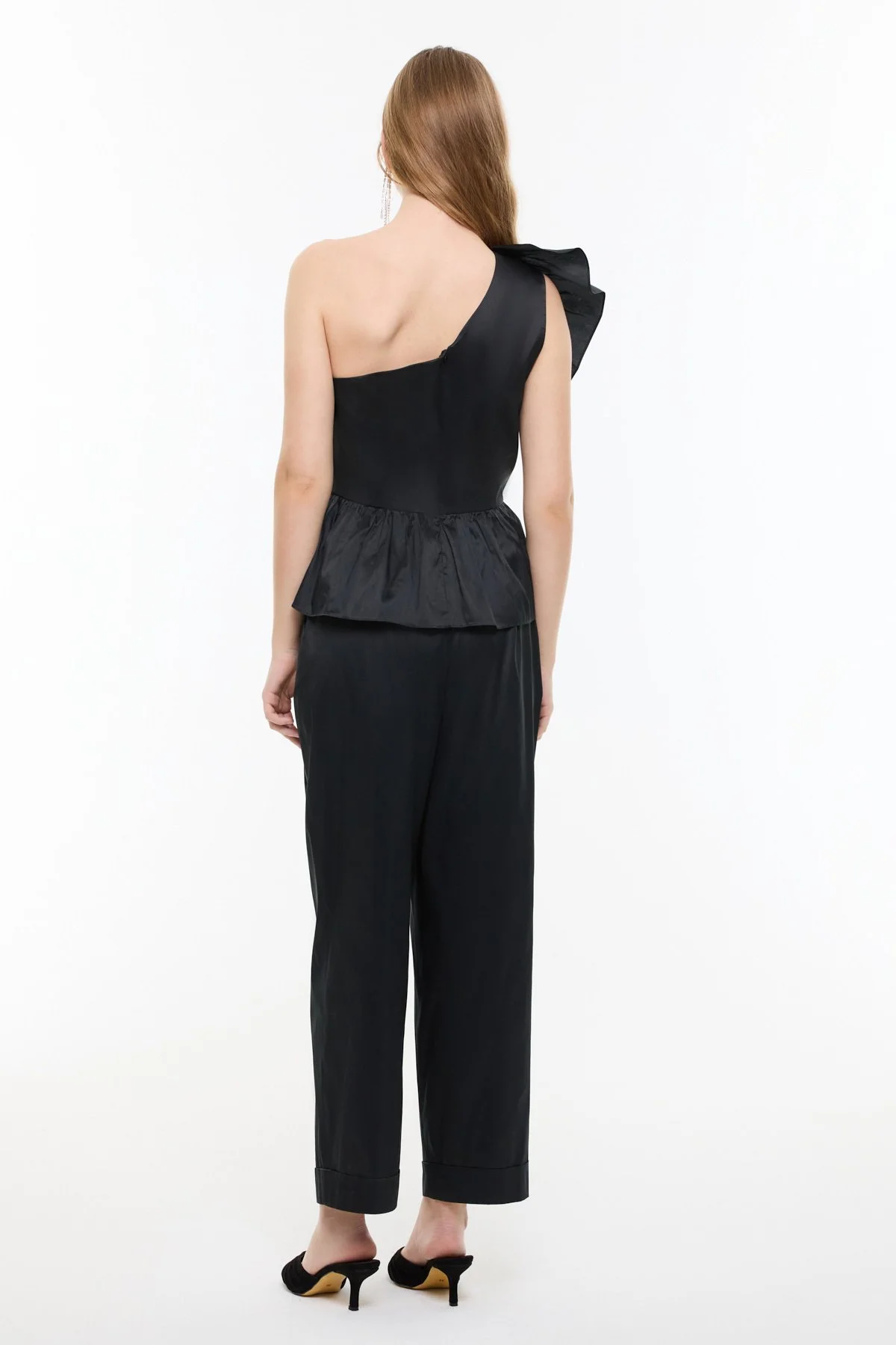 Tek Omuz Volanlı Tafta Bluz Siyah - 2