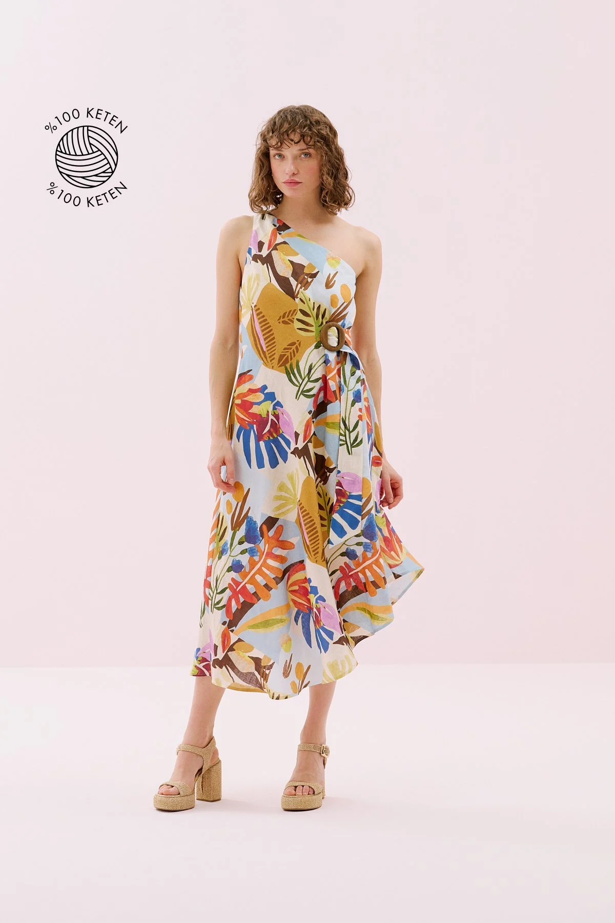 Tek Omuz Yandan Kemer ve Ahşap Toka Detaylı Keten Midi Elbise Standart Renk - 1