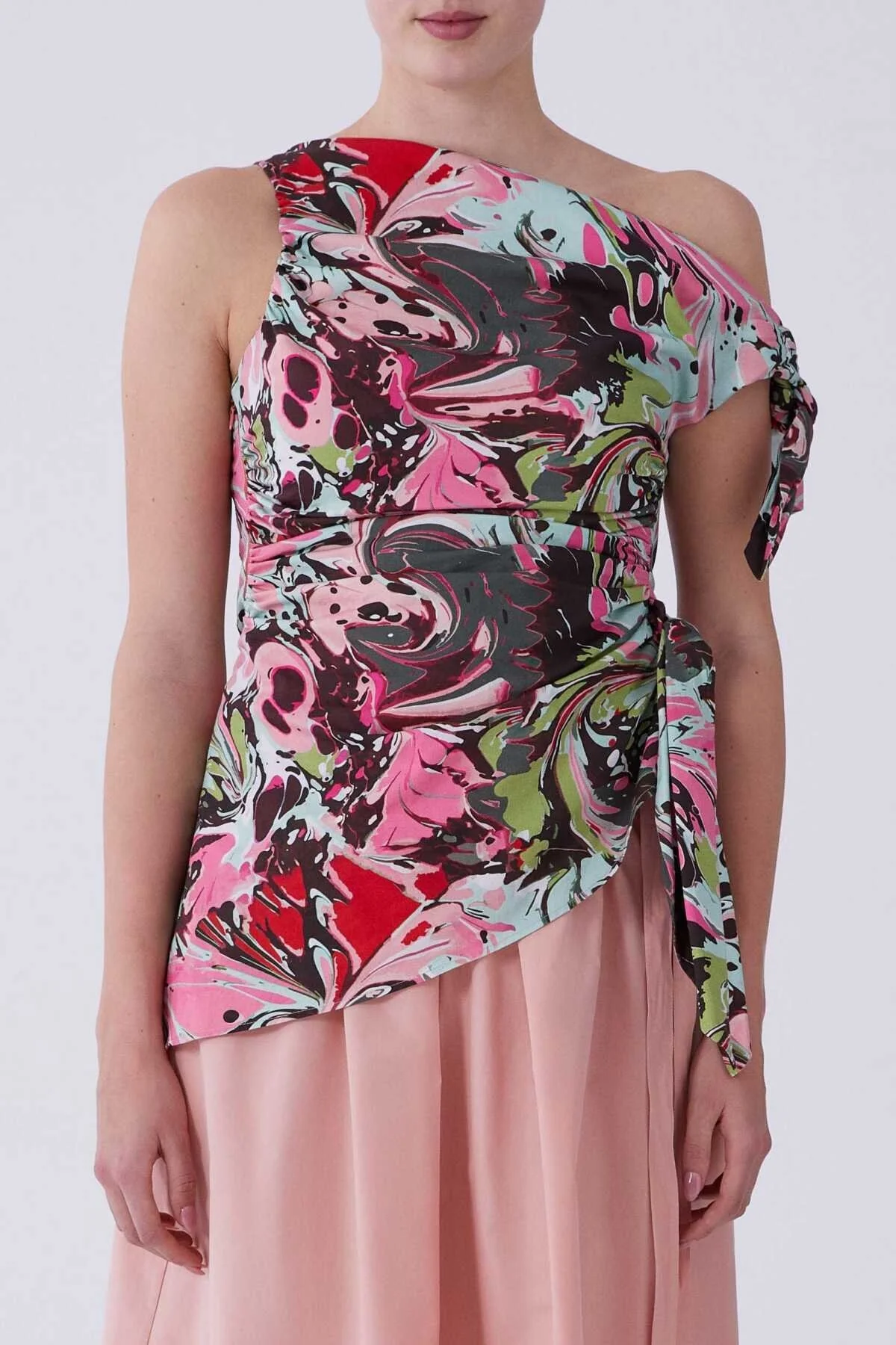 Tek Omuz Yanı Drapeli Floral Desen Bluz Standart Renk - 1