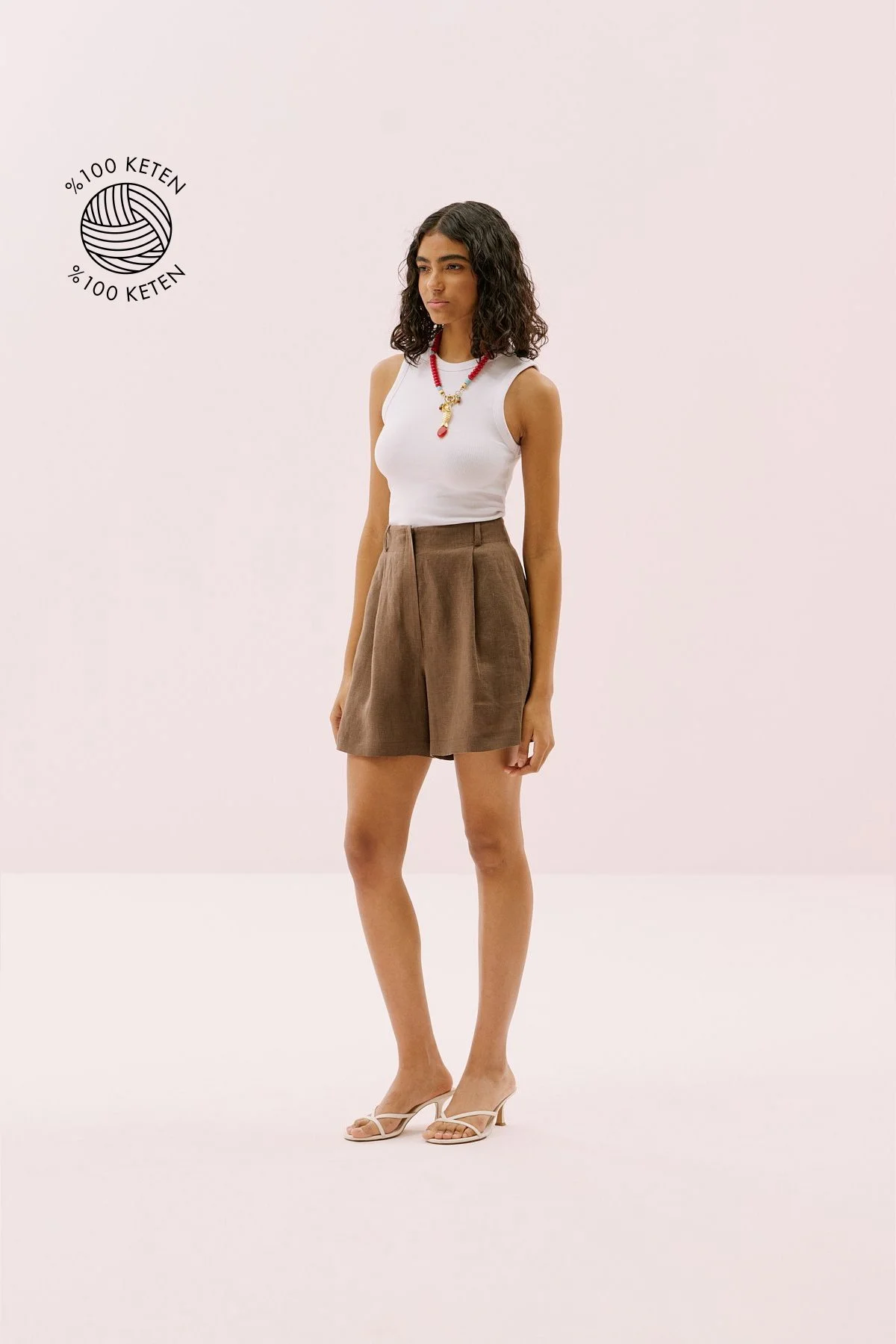 Tek Pileli Keten Şort Kahve - 1