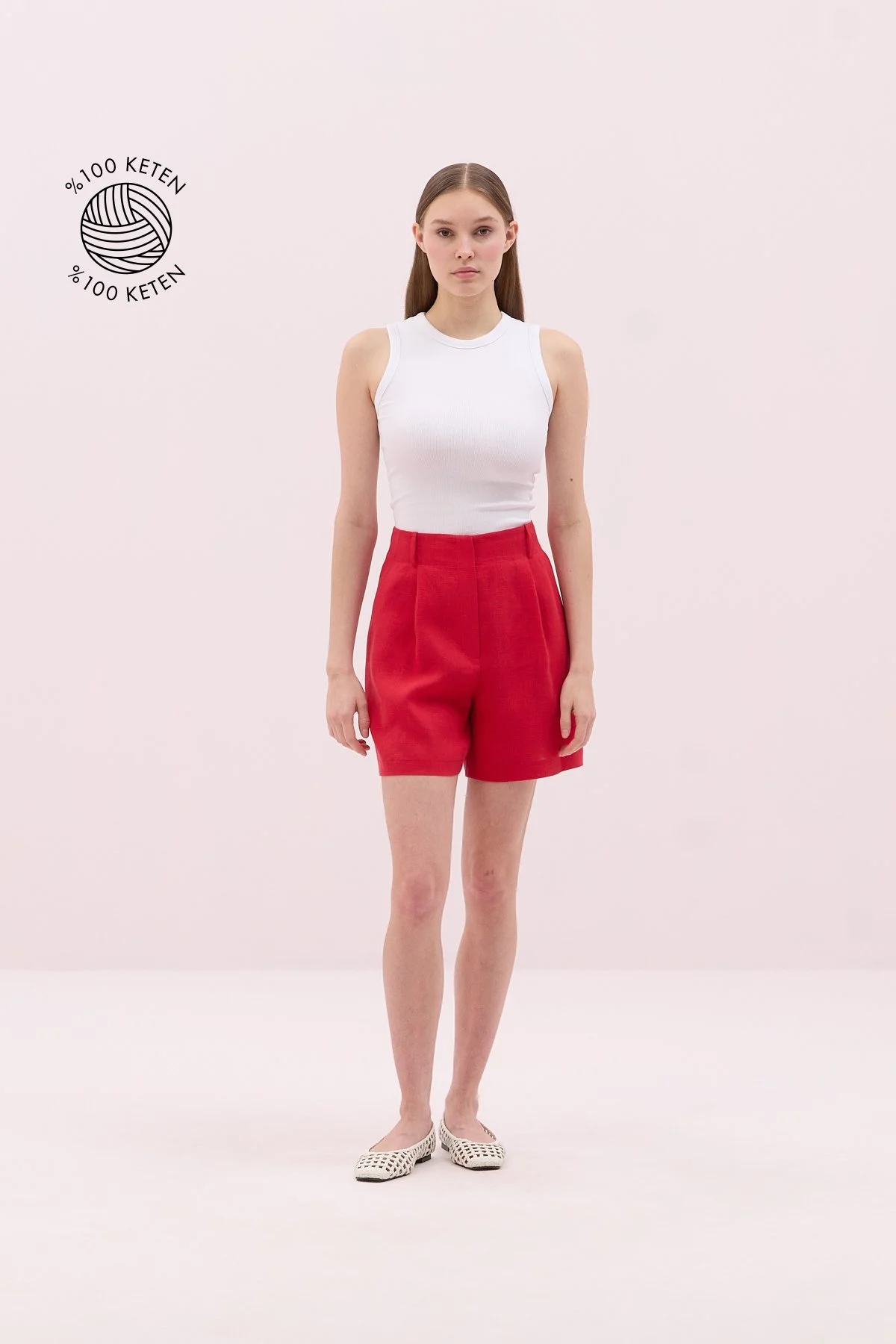 Tek Pileli Keten Şort Kırmızı - 1