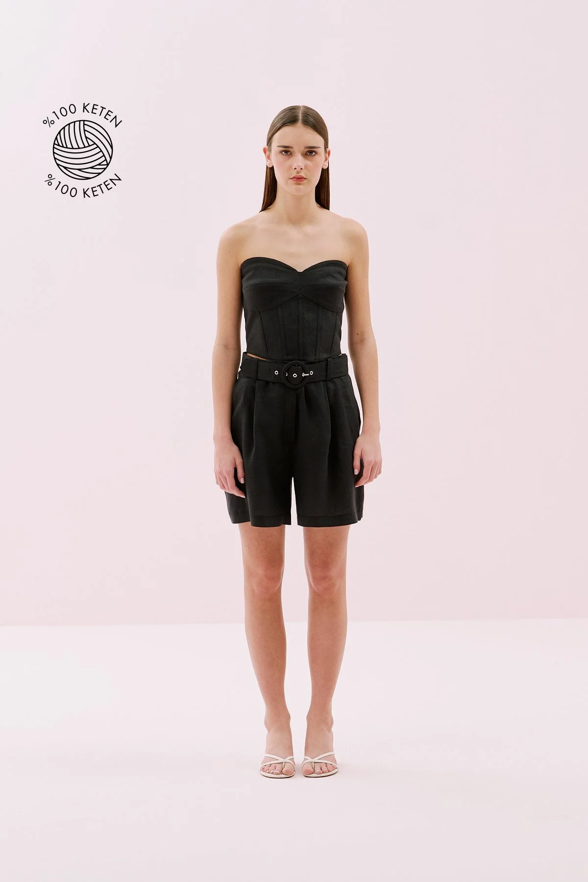 Tek Pileli Keten Şort Siyah - 1