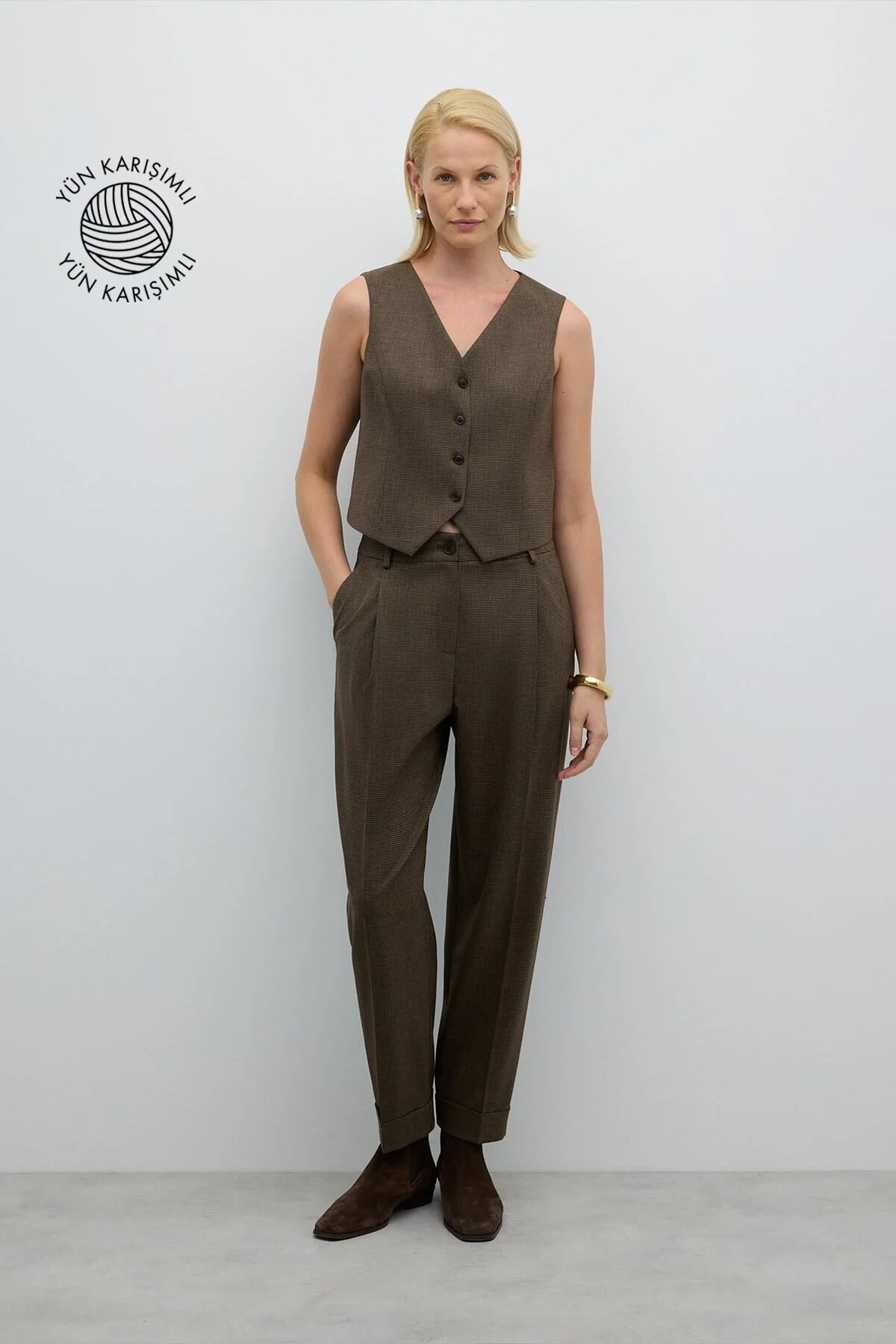 Tek Pilili Havuç Pantolon Kahve - 1