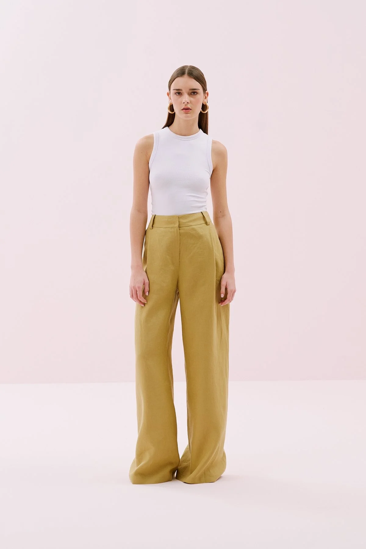 Tek Pilili Palazzo Keten Pantolon Olive - 1