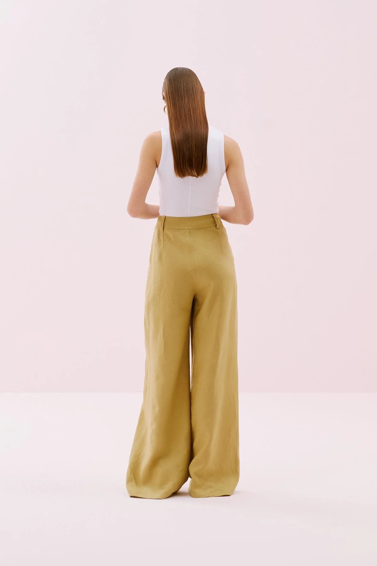 Tek Pilili Palazzo Keten Pantolon Olive - 2