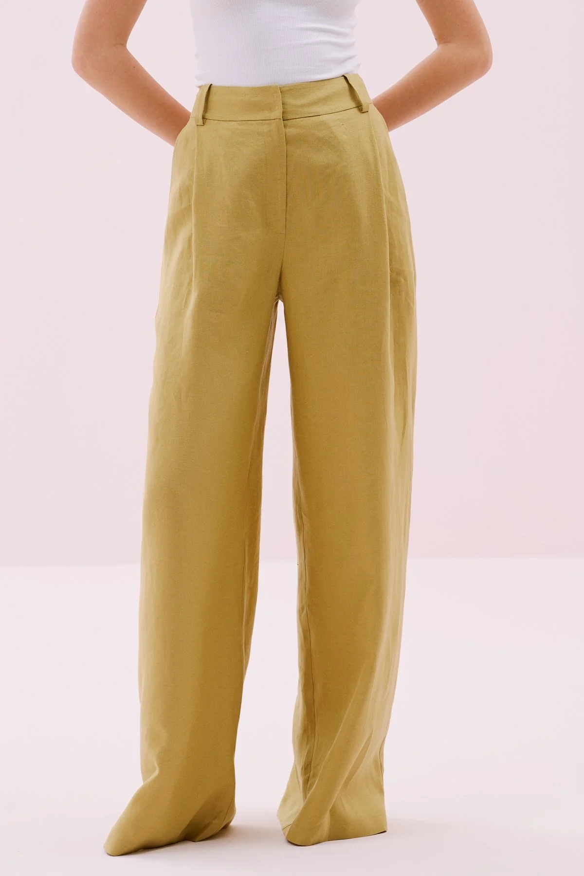 Tek Pilili Palazzo Keten Pantolon Olive - 3