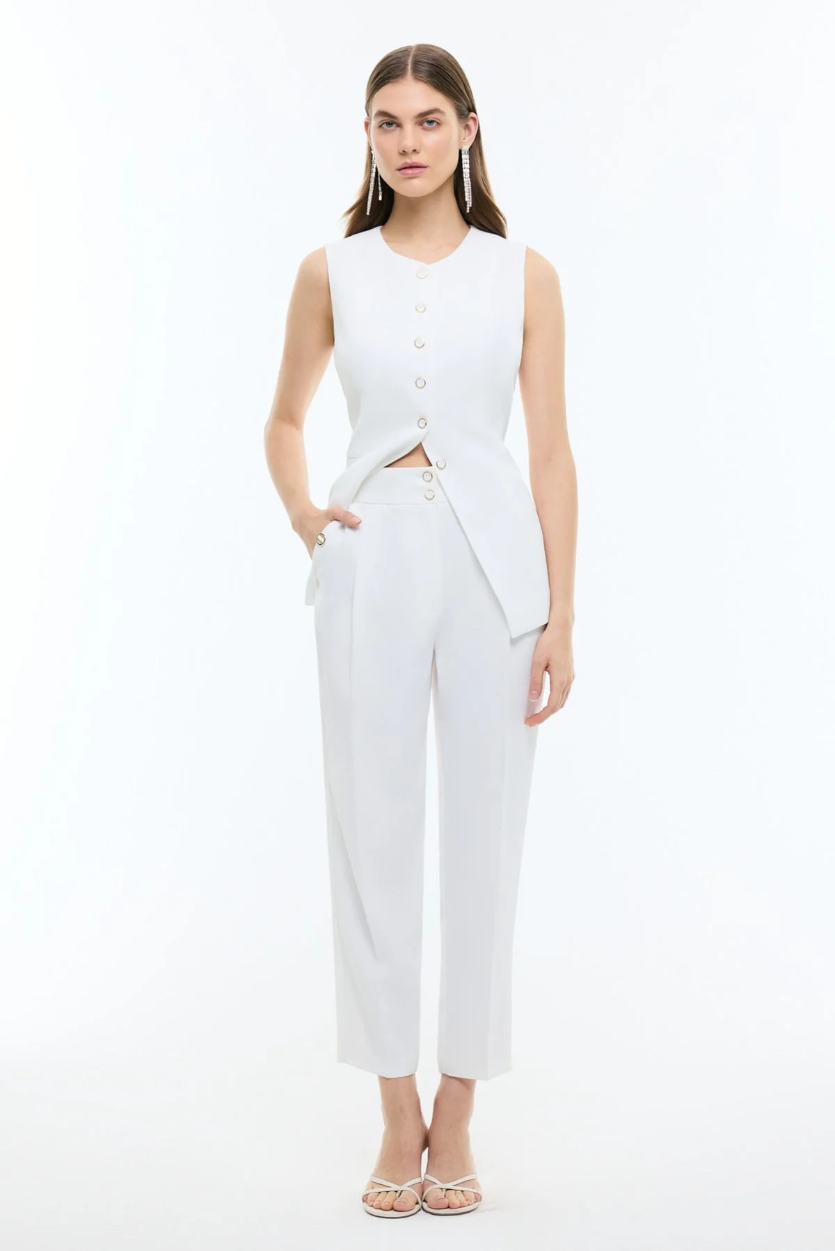 Toka Detaylı Cigarette Pantolon Beyaz - 1