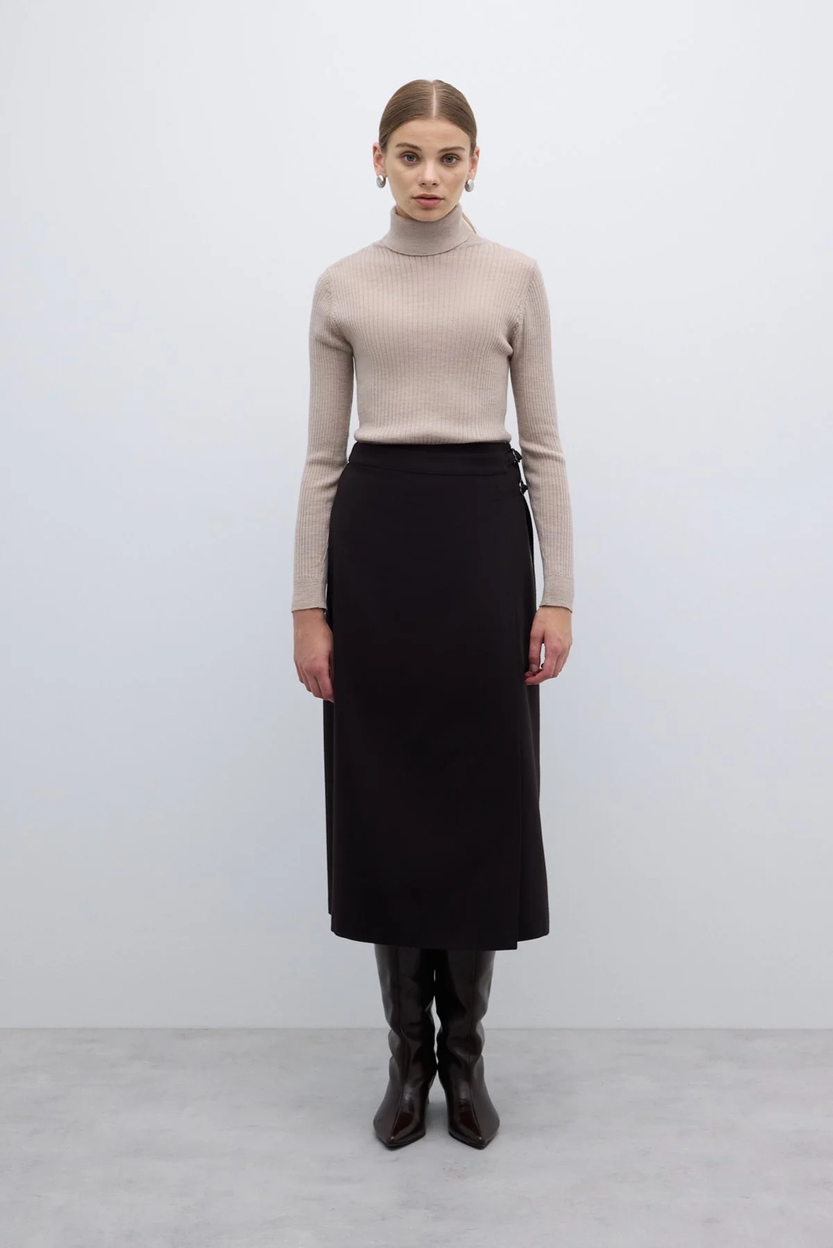 Toka Detaylı Kruvaze Midi Boy Etek Kahve - 1