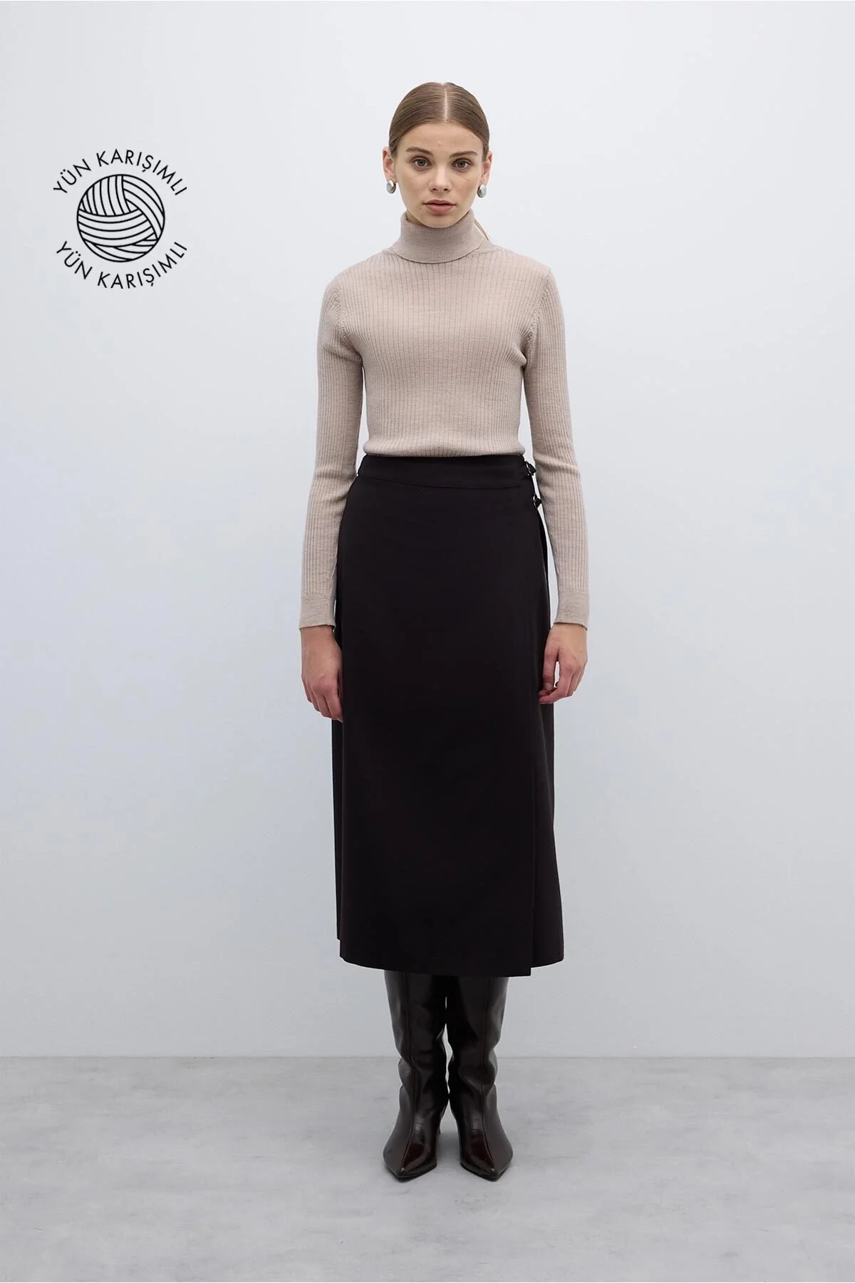 Toka Detaylı Kruvaze Midi Boy Etek Kahve - 1