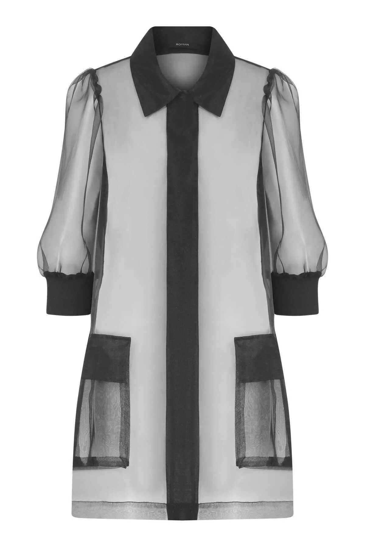  Transparan Uzun Kadın Ceket Siyah - 4