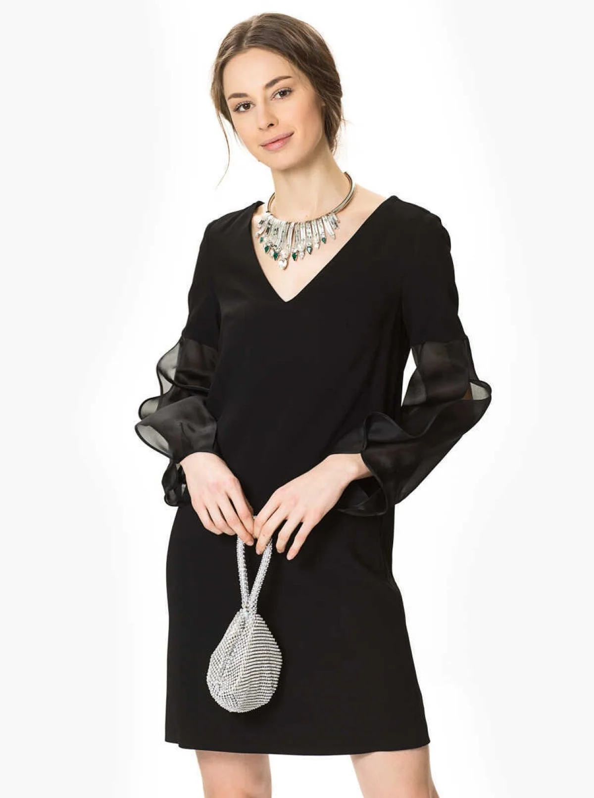 Transparan V Yaka Mini Elbise Siyah - 1